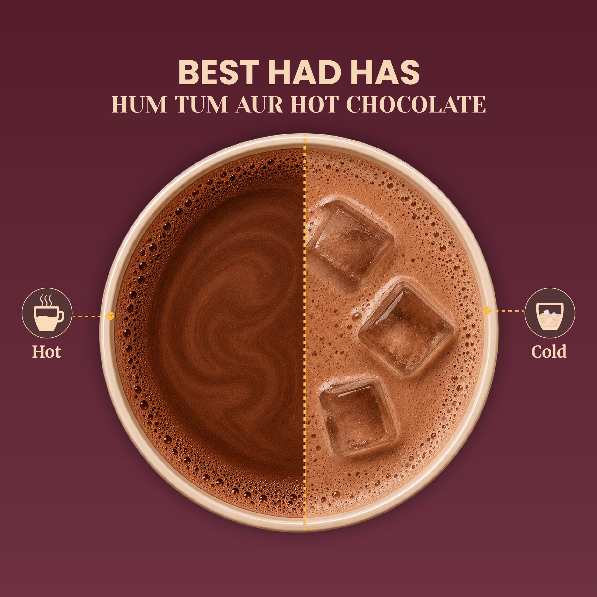 Recipe serving guide for Impulse Coffees Hum Tum Aur Hot Chocolate. Features a top-down split-circle view showing rich, velvety hot chocolate on the left side and a refreshing, frothy iced chocolate milk with square ice cubes on the right side.