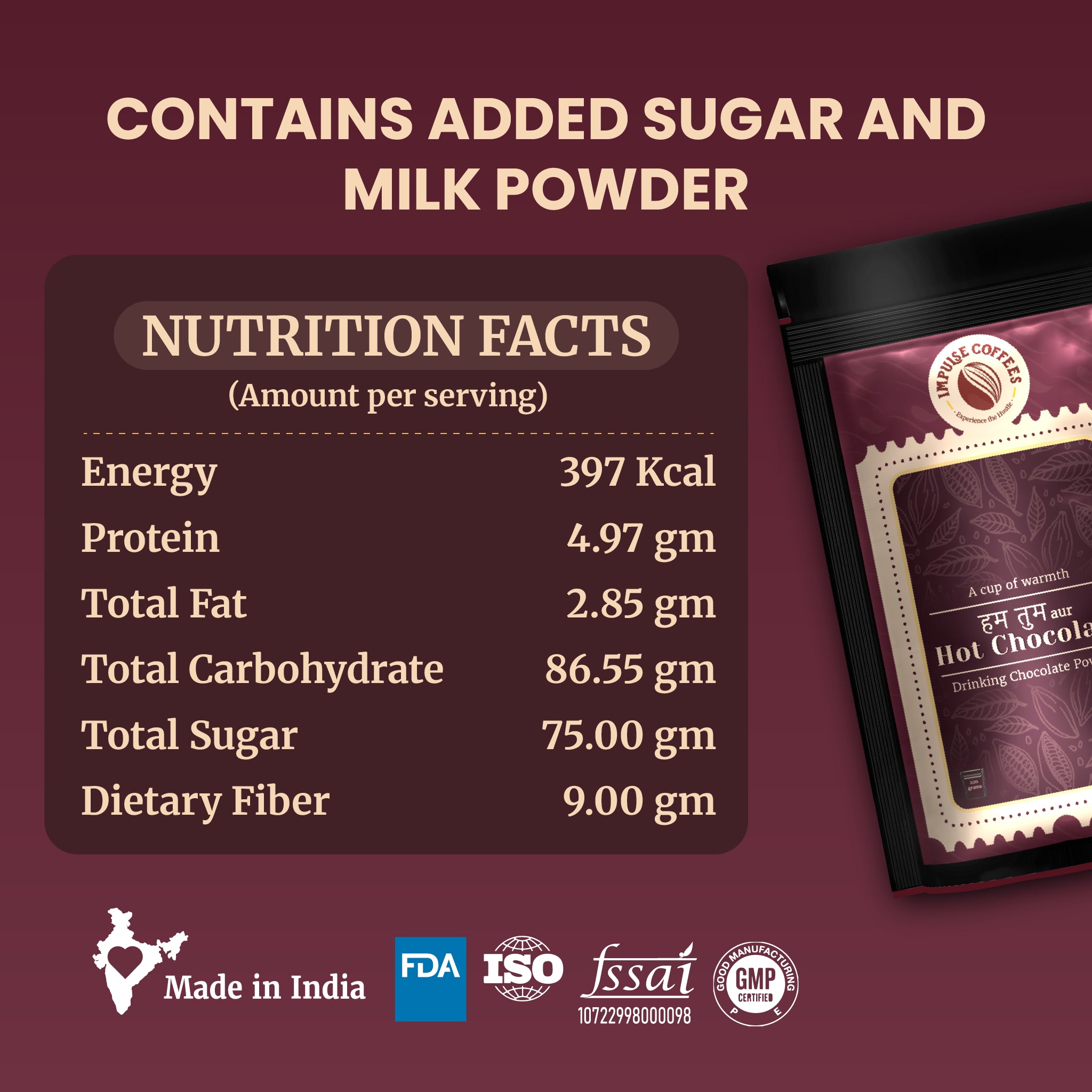 Nutrition facts infographic for Impulse Coffees "Hum Tum aur Hot Chocolate" powder pouch. Details energy 397 Kcal, protein 4.97g, total fat 2.85g, total carbohydrate 86.55g, total sugar 75.00g, and dietary fiber 9.00g per serving, with official FSSAI and FDA quality compliance trust badges.