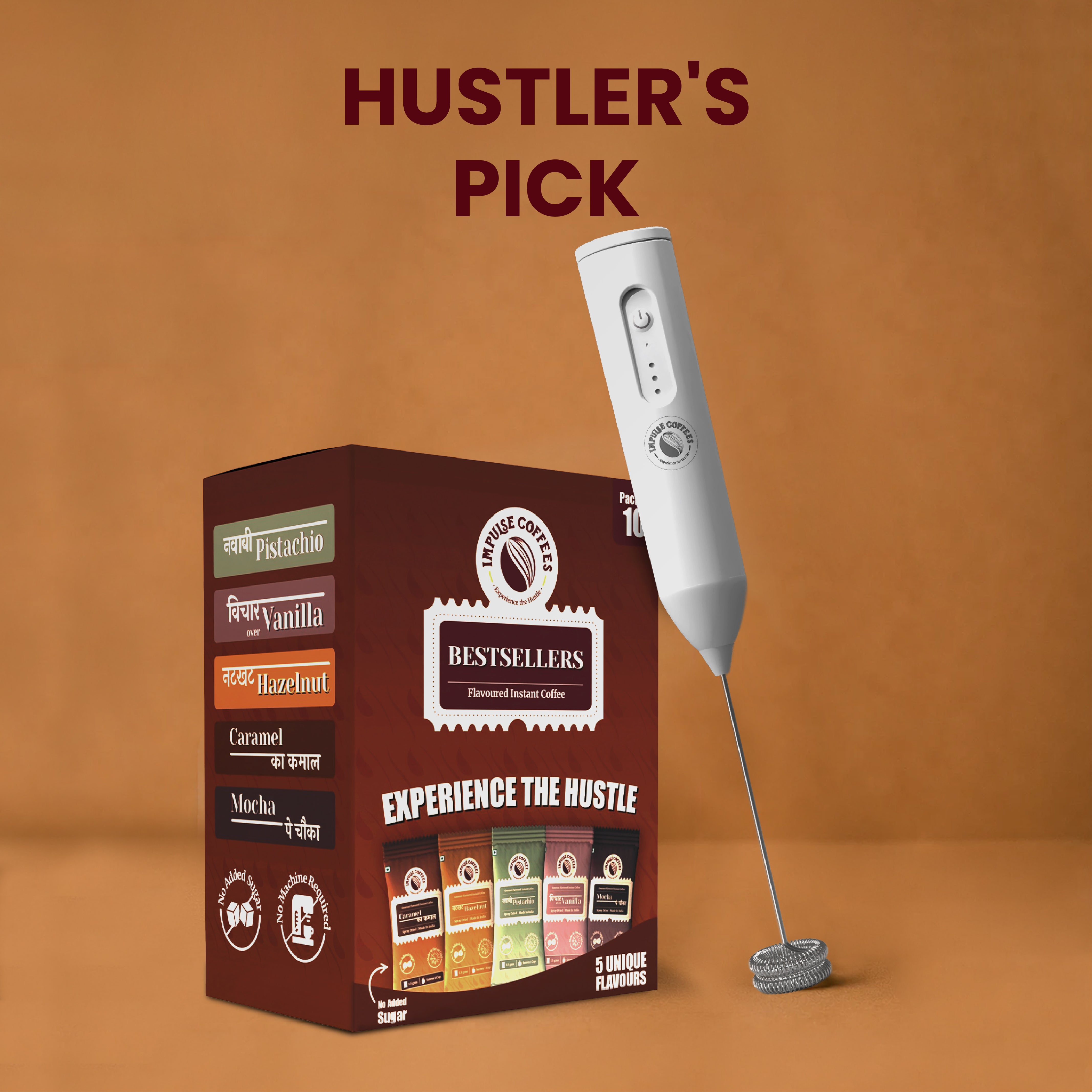 Box of flavored instant coffee with a milk frother on an orange background, labeled 'Hustler's Pick'.