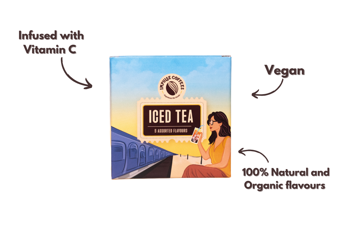 Box of iced tea with illustrations and text on a white background