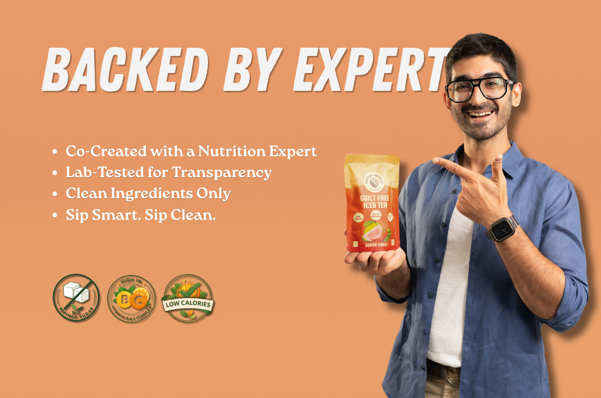 Zealocity holding Impulse Guava Chilli Guilt Free Iced Tea package with text about expertise and transparency on a purple background