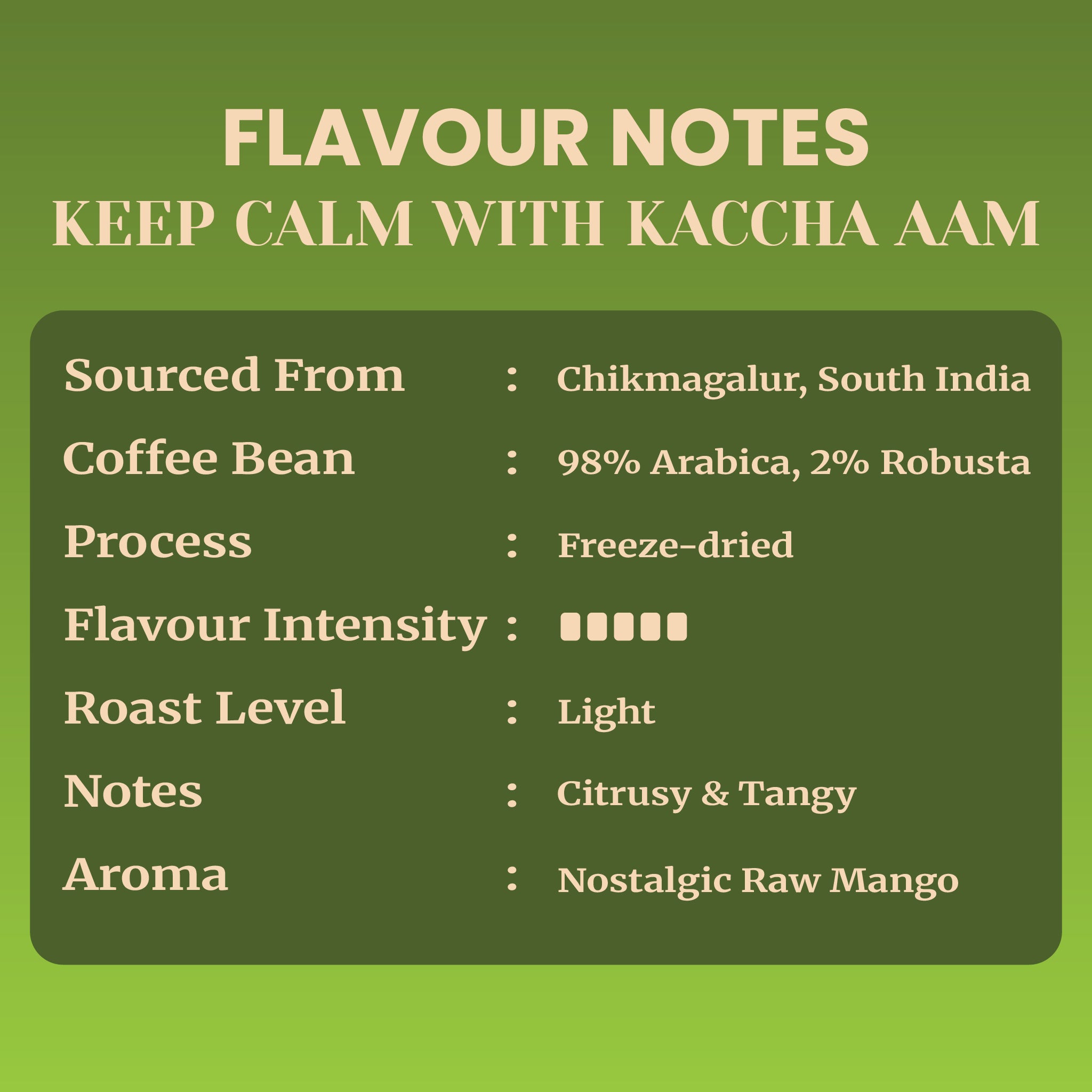 Impulse Coffees Keep Calm With Kaccha Aam flavored instant coffee. Set against a vibrant raw mango green background, a central dark green card lists the flavor details: sourced from Chikmagalur, South India, 98% Arabica and 2% Robusta coffee bean blend, premium freeze-dried process, 5 out of 5 flavor intensity bars, light roast level, citrusy and tangy notes, and a nostalgic raw mango aroma.