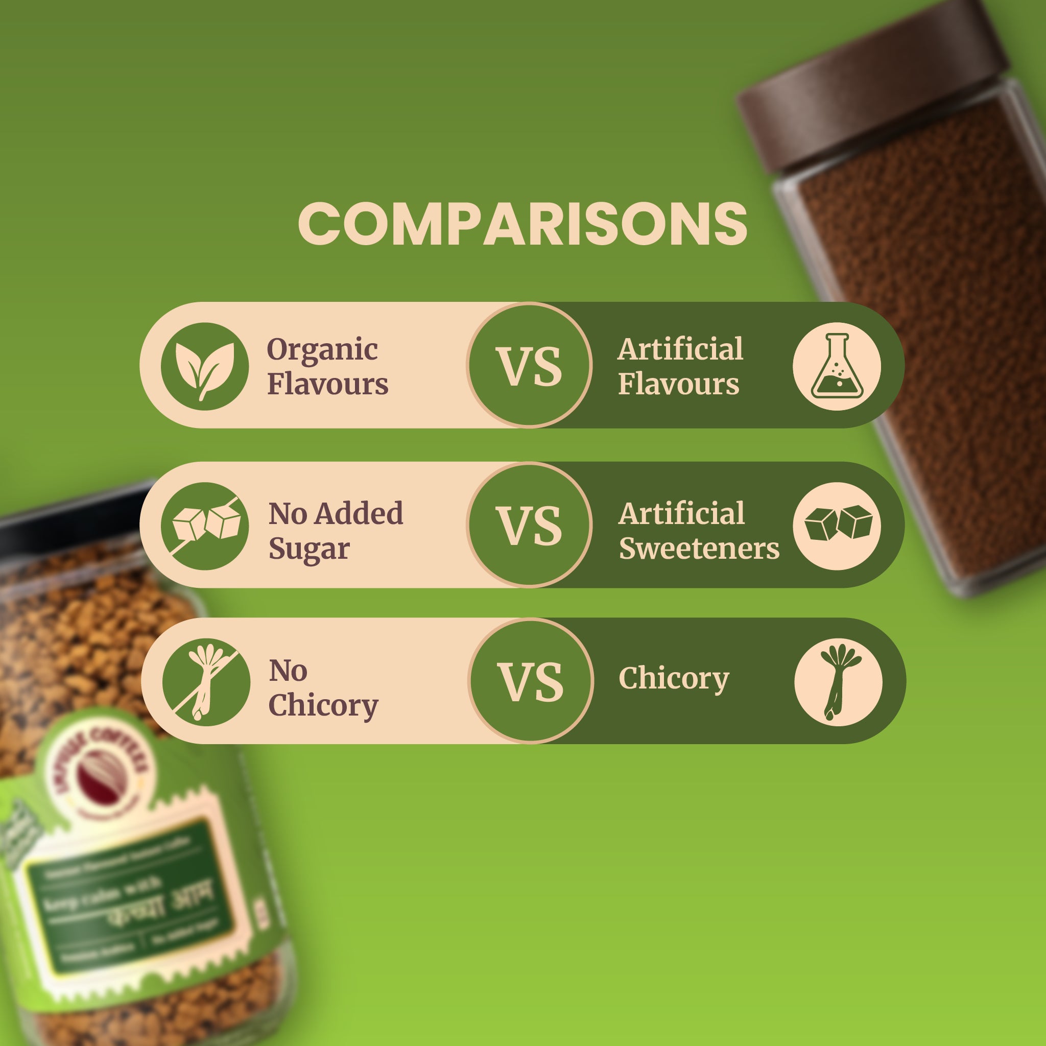 Competitive brand comparison chart infographic contrasting Impulse Coffees Keep Calm with Kaccha Aam against regular instant coffee options. Arranged on a dual-tone green background, it highlights the brand's premium value propositions: organic flavors vs artificial flavors, no added sugar vs artificial sweeteners, and pure coffee with no chicory vs standard chicory fillers.