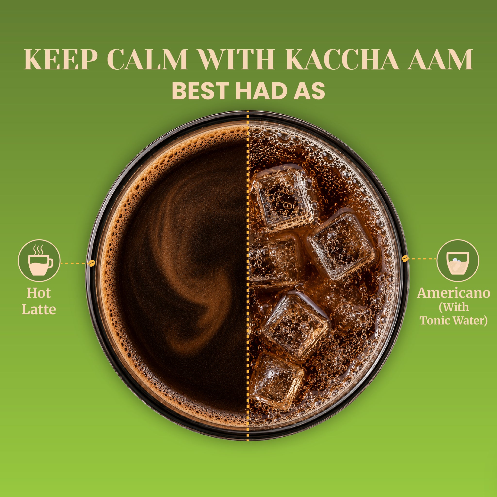 Top-down split-screen infographic displaying the two recommended serving styles for Keep Calm with Kaccha Aam coffee. The circular glass is divided evenly down the center, showing a rich, frothy Hot Latte with a deep crema swirl on the left, and a refreshing, bubbling Americano with tonic water poured over square ice cubes on the right.