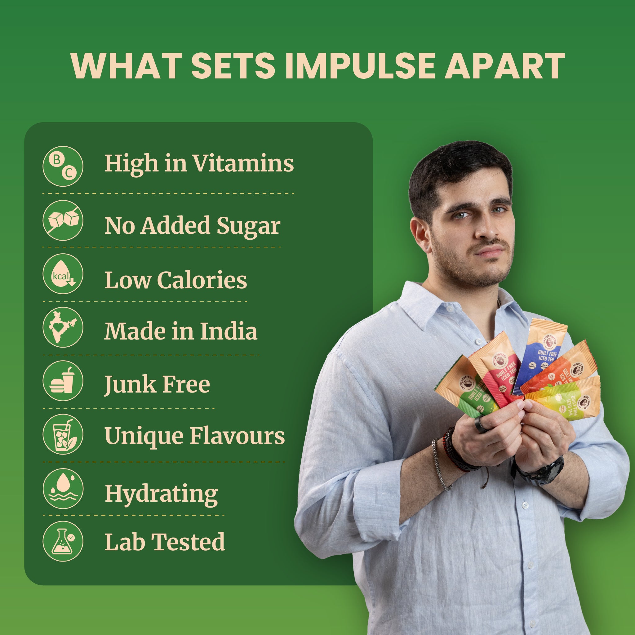 Marketing banner titled What Sets Impulse Apart, featuring a woman presenting a pouch of Guilt Free Iced Tea while listing key health benefits including High in Vitamins, No Added Sugar, Low Calories, Made in India, Junk Free, Unique Flavours, Hydrating, and Lab Tested.