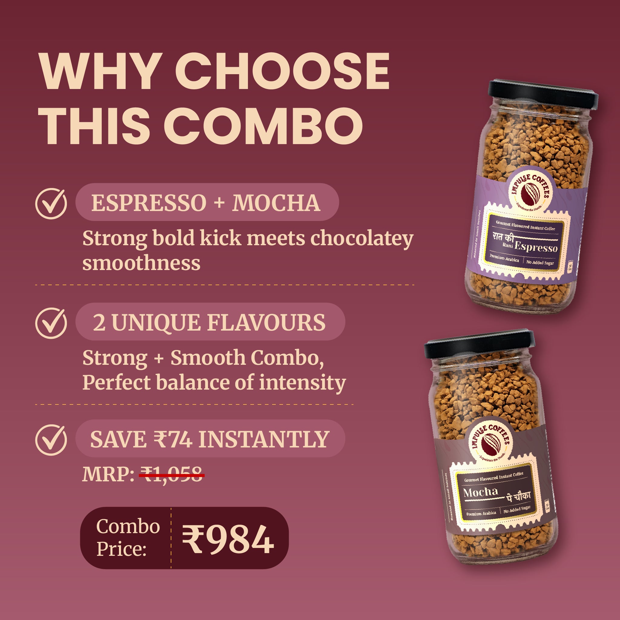 Promotional e-commerce infographic for the Impulse Coffees Hustlers Combo pack, showcasing an instant savings of ₹134 with a discounted combo price of ₹924 for Espresso and Caramel Ka Kamal coffee jars.