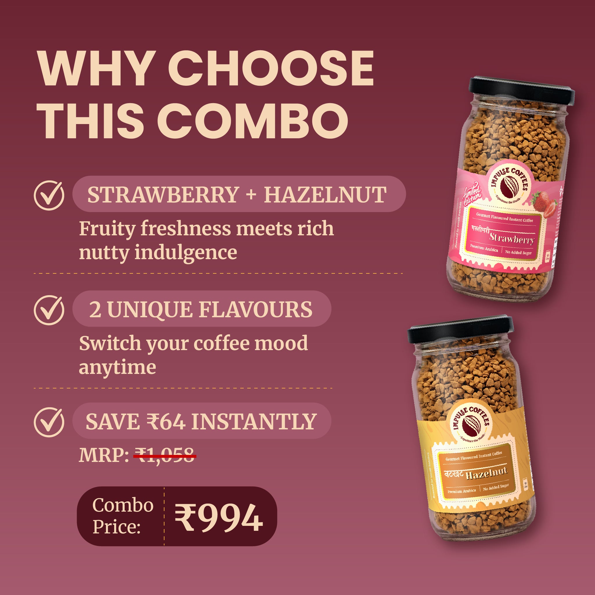Berilicious Duo | Masti Bhari Strawberry Coffee powder 50 gms Jar + Nutkhat Hazelnut coffee powder 50 gms jar
