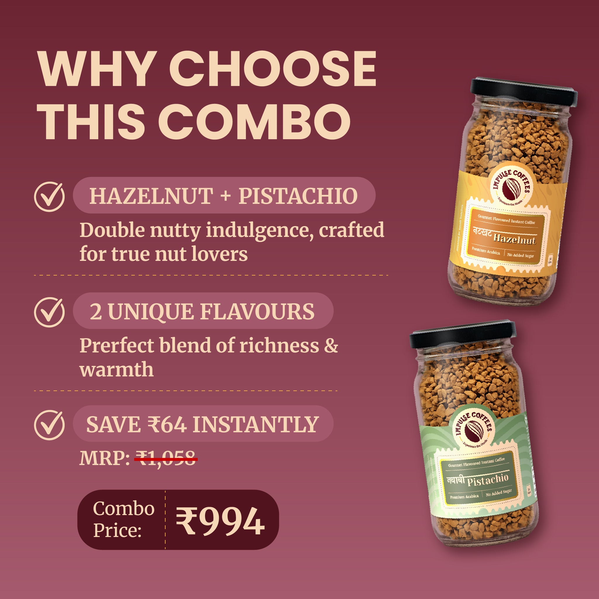 Promotional marketing infographic for the Impulse Coffees Nutcase Combo pack, showcasing an instant savings of ₹134 with a discounted combo price of ₹924 for Nutkhat Hazelnut and Nawabi Pistachio jars.