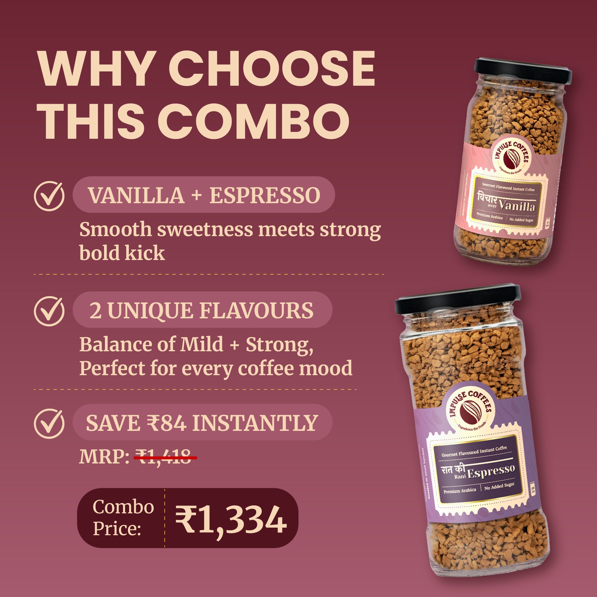 Promotional e-commerce infographic for the Impulse Coffees Bittersweet Combo pack, showcasing an instant savings of ₹134 with a discounted combo price of ₹924 for Espresso and Chocolate Raspberry premium coffee jars.