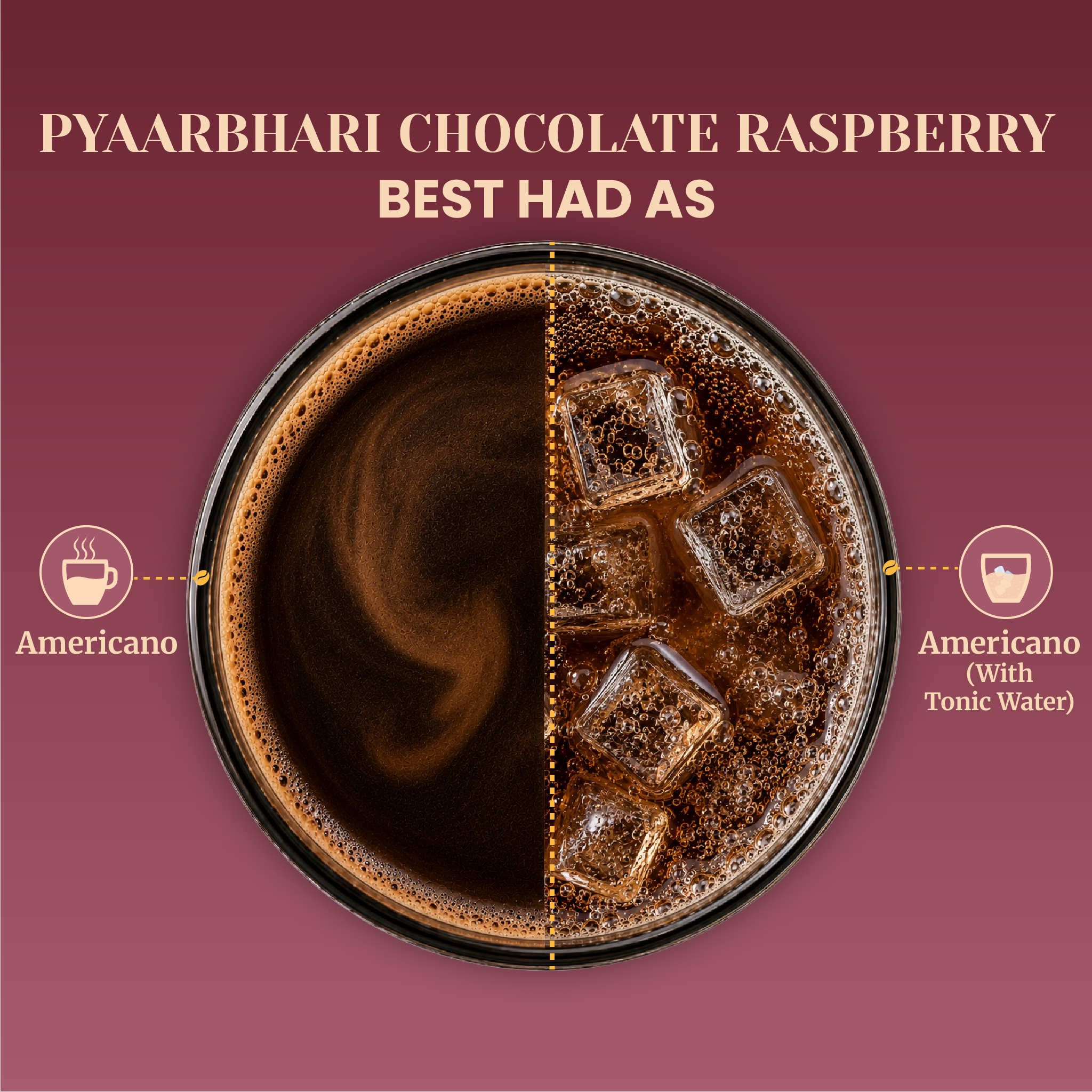 A top-down circular serving guide for Pyarbhari Chocolate Raspberry premium coffee, showcasing a rich hot americano on the left and a refreshing iced americano with tonic water and square ice cubes on the right.