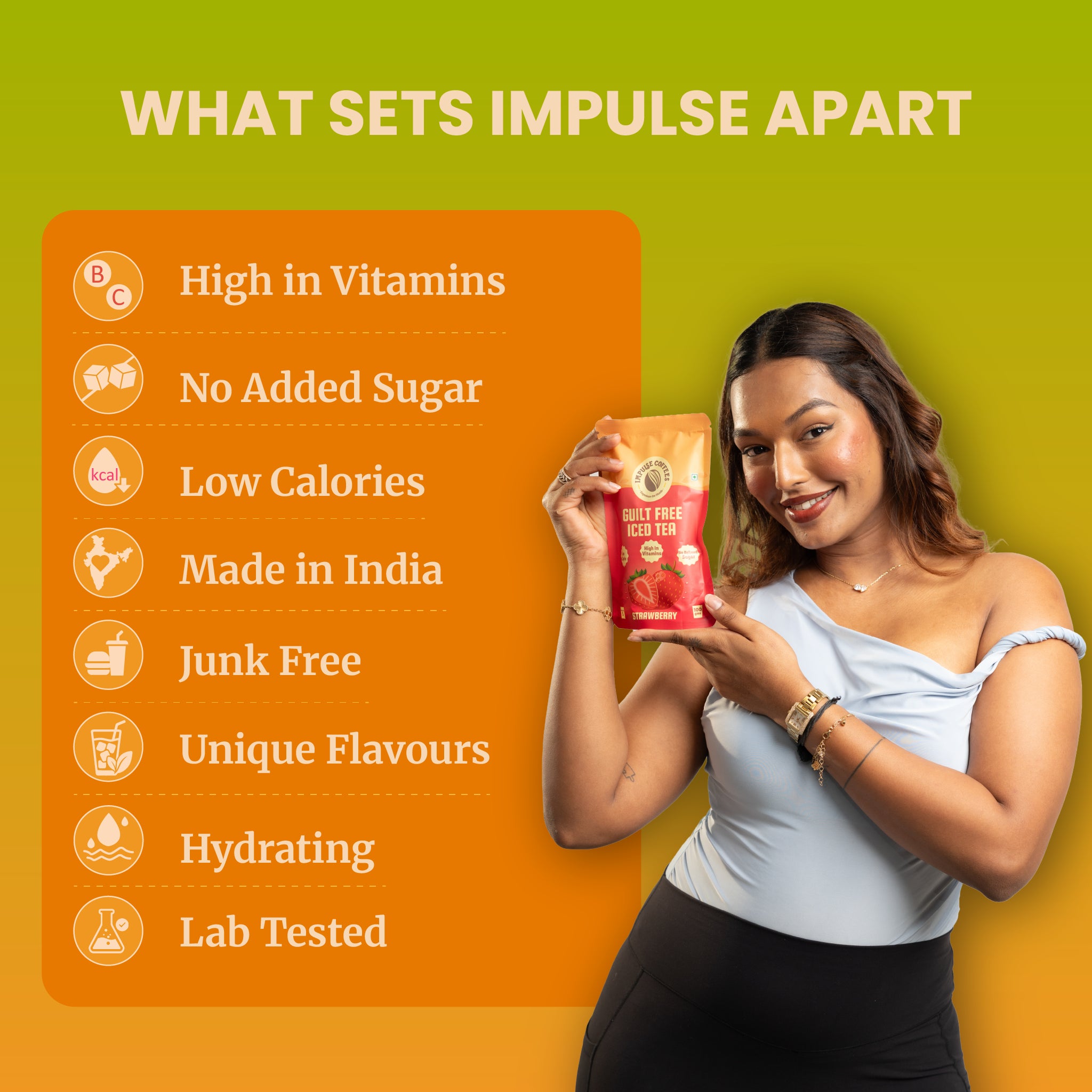 Marketing infographic titled What Sets Impulse Apart, showing a woman holding a product pack with a list of core brand benefits: High in Vitamins, No Added Sugar, Low Calories, Made in India, Junk Free, Unique Flavours, Hydrating, and Lab Tested.