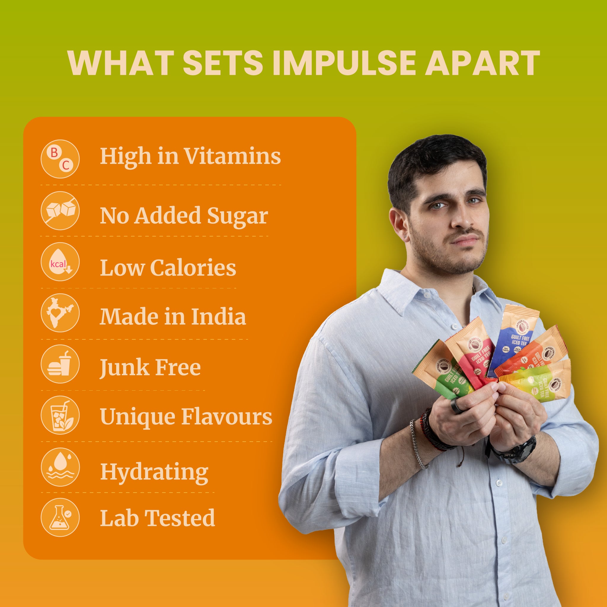 Marketing infographic titled What Sets Impulse Apart, showing a woman holding a product pack with a list of core brand benefits: High in Vitamins, No Added Sugar, Low Calories, Made in India, Junk Free, Unique Flavours, Hydrating, and Lab Tested.