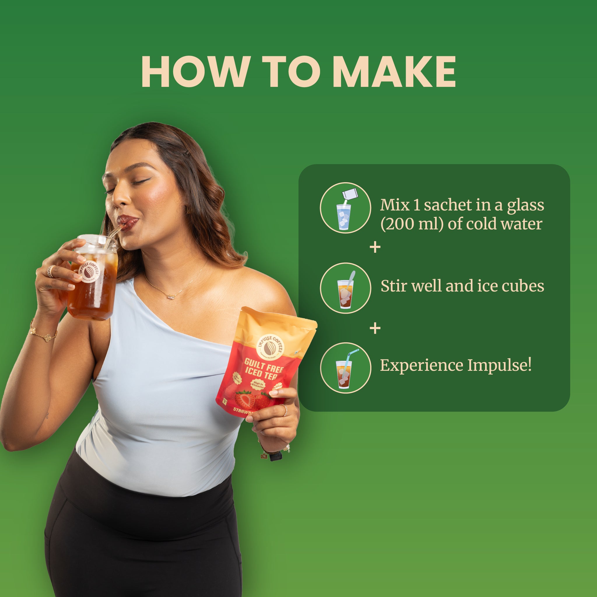E-commerce step-by-step preparation guide titled How To Make, showing a woman sipping iced tea next to instructions: mix 1 sachet in a glass of 200 ml cold water, stir well with ice cubes, and experience Impulse.