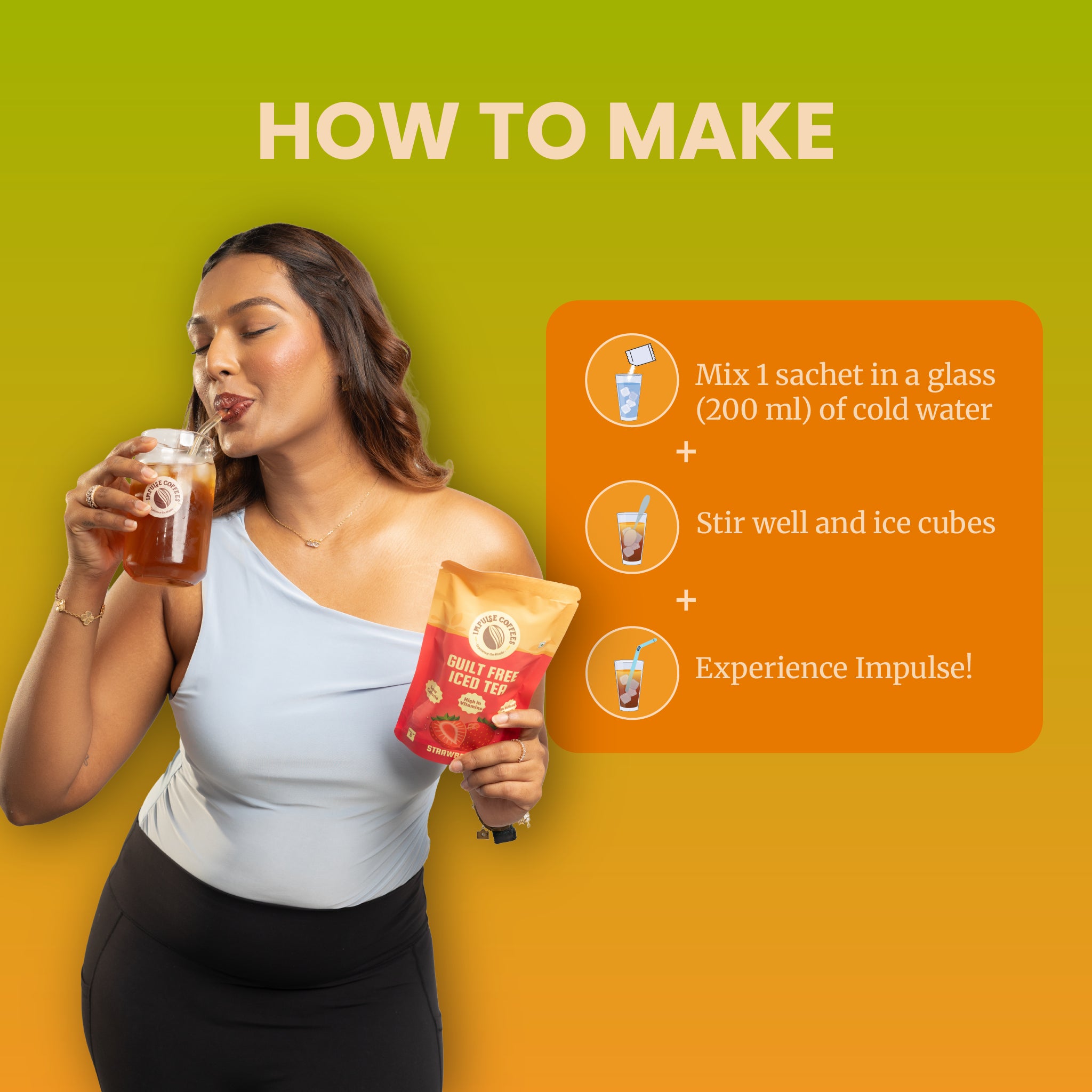 Quick preparation guide graphic titled How To Make, instructing to mix 1 sachet in a glass of 200 ml cold water, stir well with ice cubes, and experience Impulse, beside a woman drinking a cold beverage.