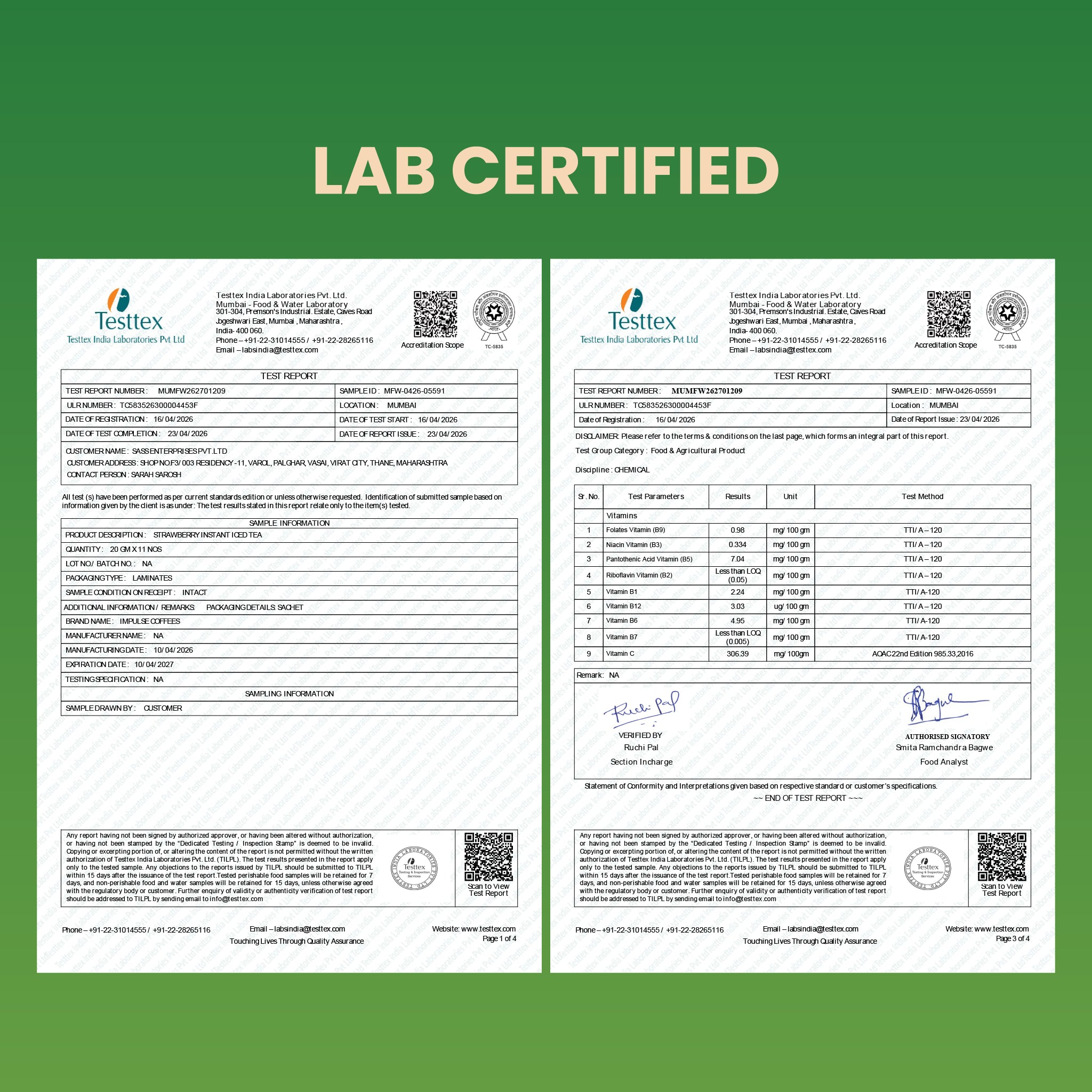Testtex India Laboratories official chemical analysis test report titled Lab Certified, verifying vitamin counts including Folates, Niacin, Pantothenic Acid, Riboflavin, Vitamin B1, Vitamin B12, Vitamin B6, Vitamin B7, and Vitamin C for Impulse Coffees.