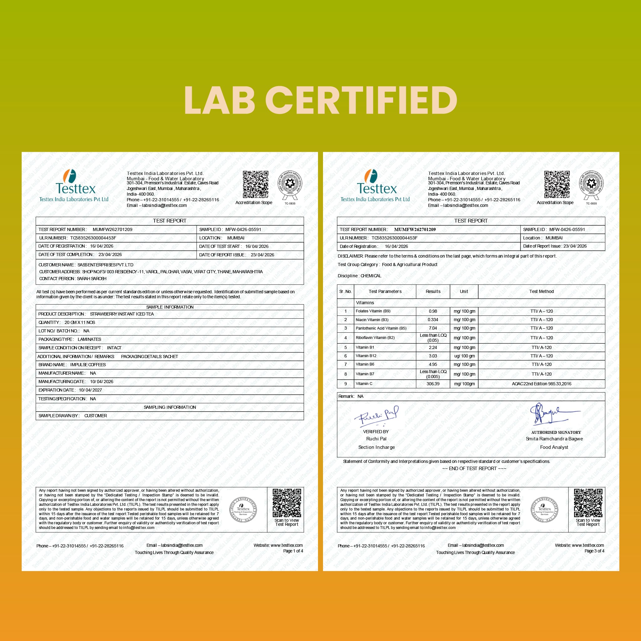 Official Testtex India Laboratories lab test report certificate titled Lab Certified, validating specific vitamin assay results for Impulse Coffees including Folates, Niacin, Pantothenic Acid, Riboflavin, Vitamin B1, B12, B6, B7, and Vitamin C.