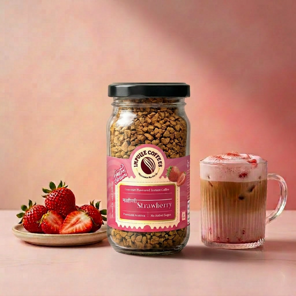 Impulse Coffees Mastibhari Strawberry flavored instant coffee 50g jar on a pink studio backdrop, surrounded by floating whole strawberries, strawberry halves, and roasted coffee beans.
