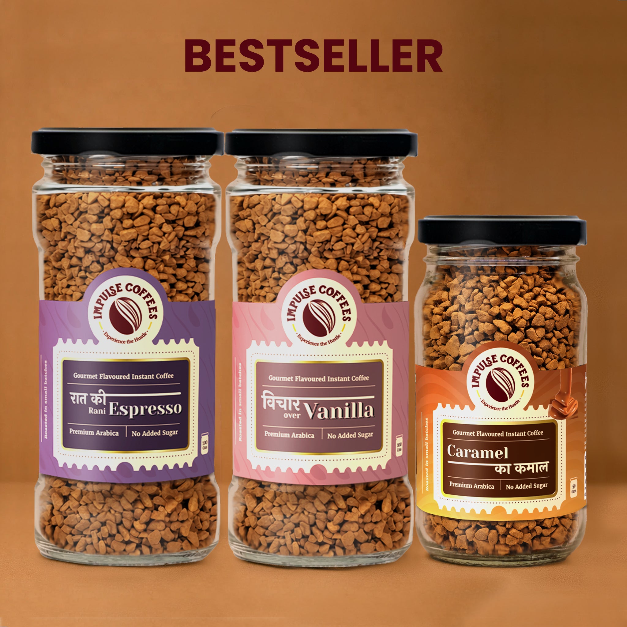 Impulse Coffees Midnight Magic Combo bestseller gift set featuring three glass jars of premium gourmet flavoured instant coffee standing side-by-side: Raat Ki Rani Espresso, Vichaar Over Vanilla, and Caramel Ka Kamal.