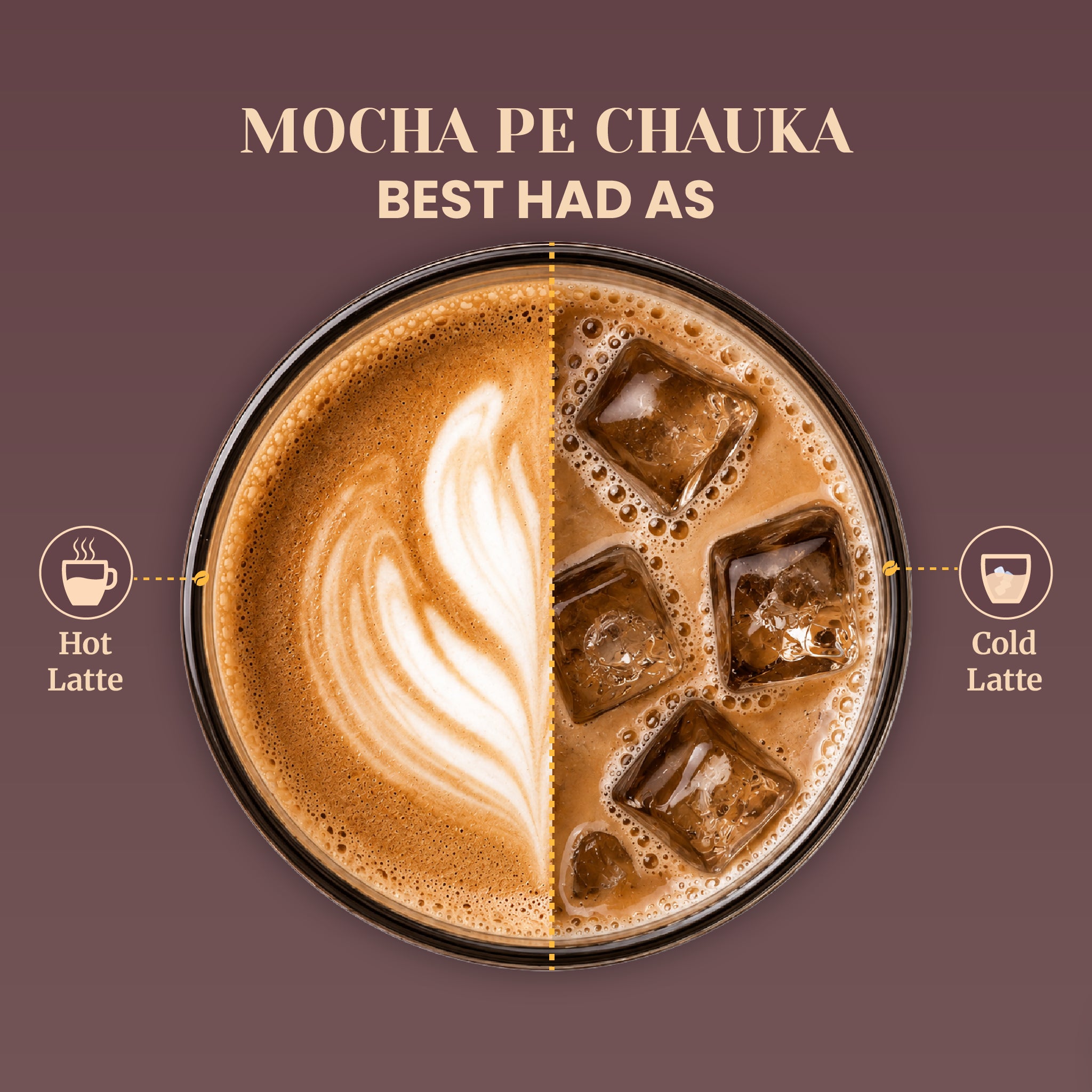 Top-down graphic view of a single coffee cup split into two serving suggestions for Mocha Pe Chauka flavored coffee. The left side displays a hot latte with elegant foam leaf latte art, and the right side displays an iced cold latte with swirling milk and square ice cubes.