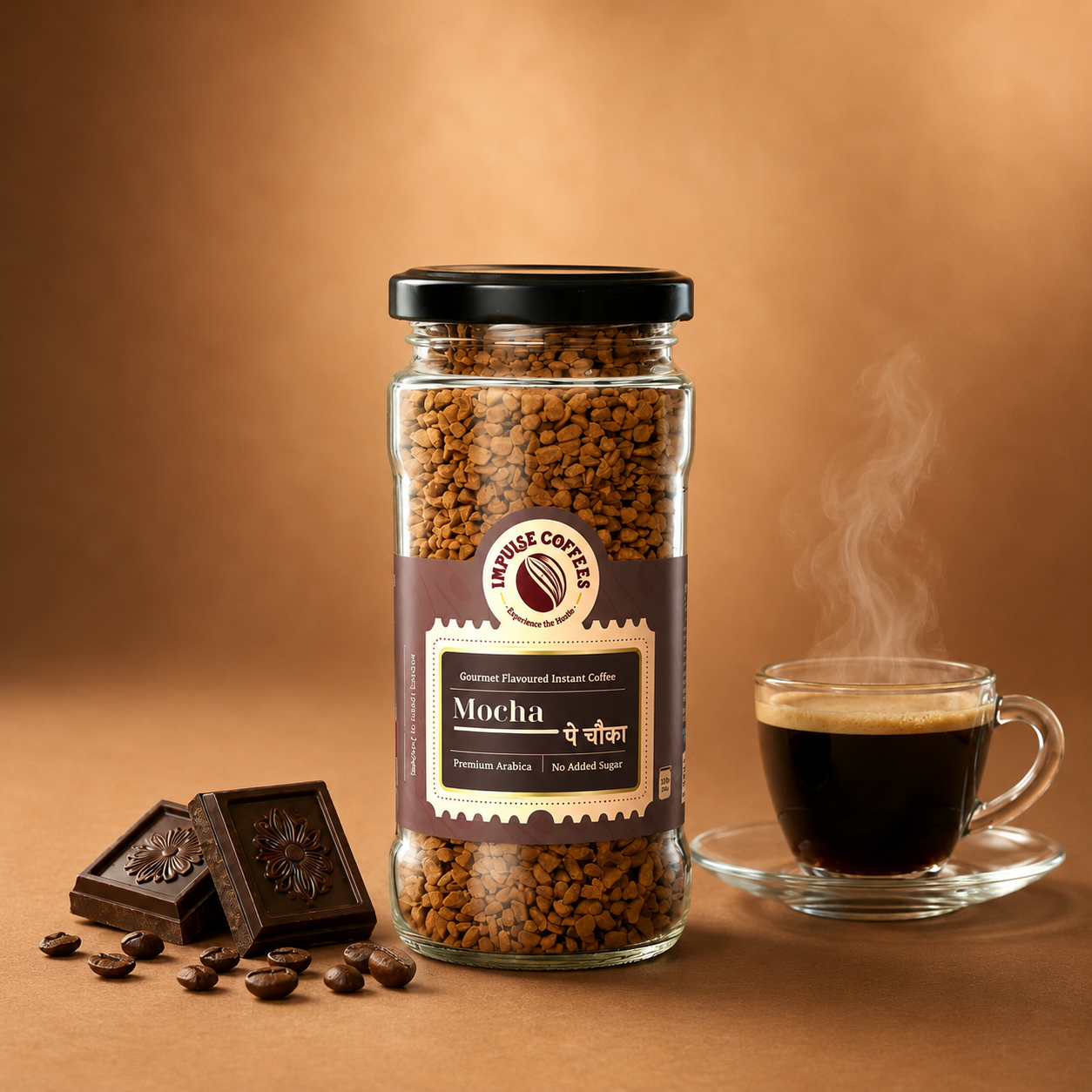 Impulse Coffees Mocha Pe Chauka flavored instant coffee jar on a deep chocolate brown studio backdrop, surrounded by floating dark chocolate squares and scattered roasted coffee beans.