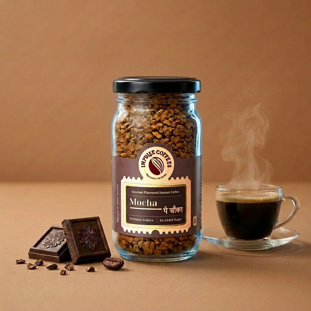 Impulse Coffees Mocha Pe Chauka flavored instant coffee 50g jar on a dark cocoa backdrop, surrounded by floating premium chocolate chunks and roasted coffee beans.