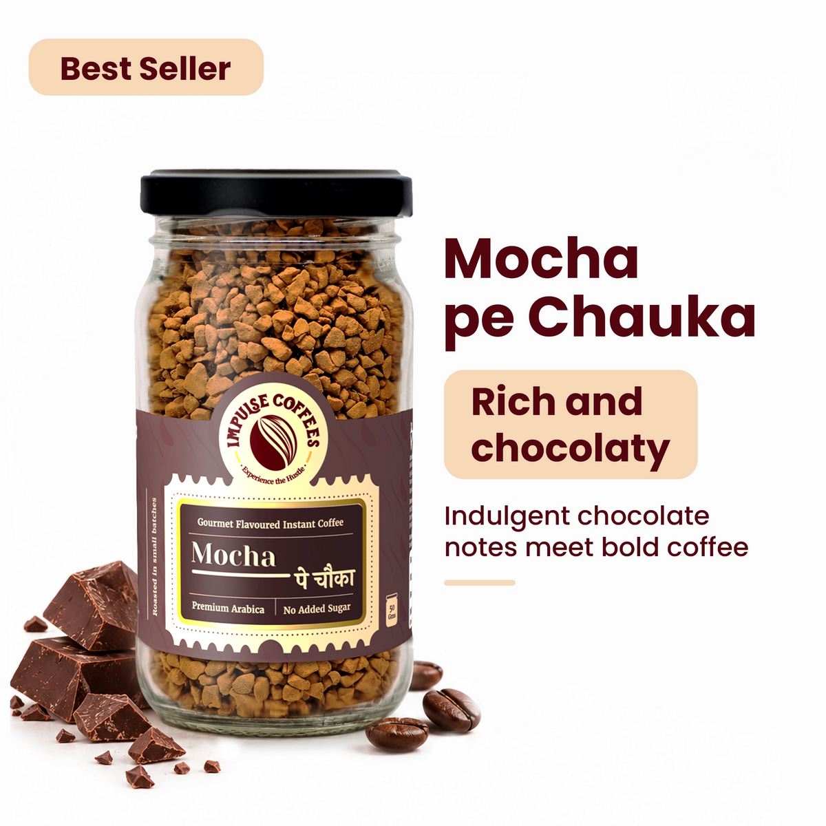 Impulse Coffees Mocha Pe Chauka 50g glass jar gourmet flavoured instant coffee bestseller, featuring rich and chocolaty indulgent chocolate notes mixed with bold Arabica coffee.