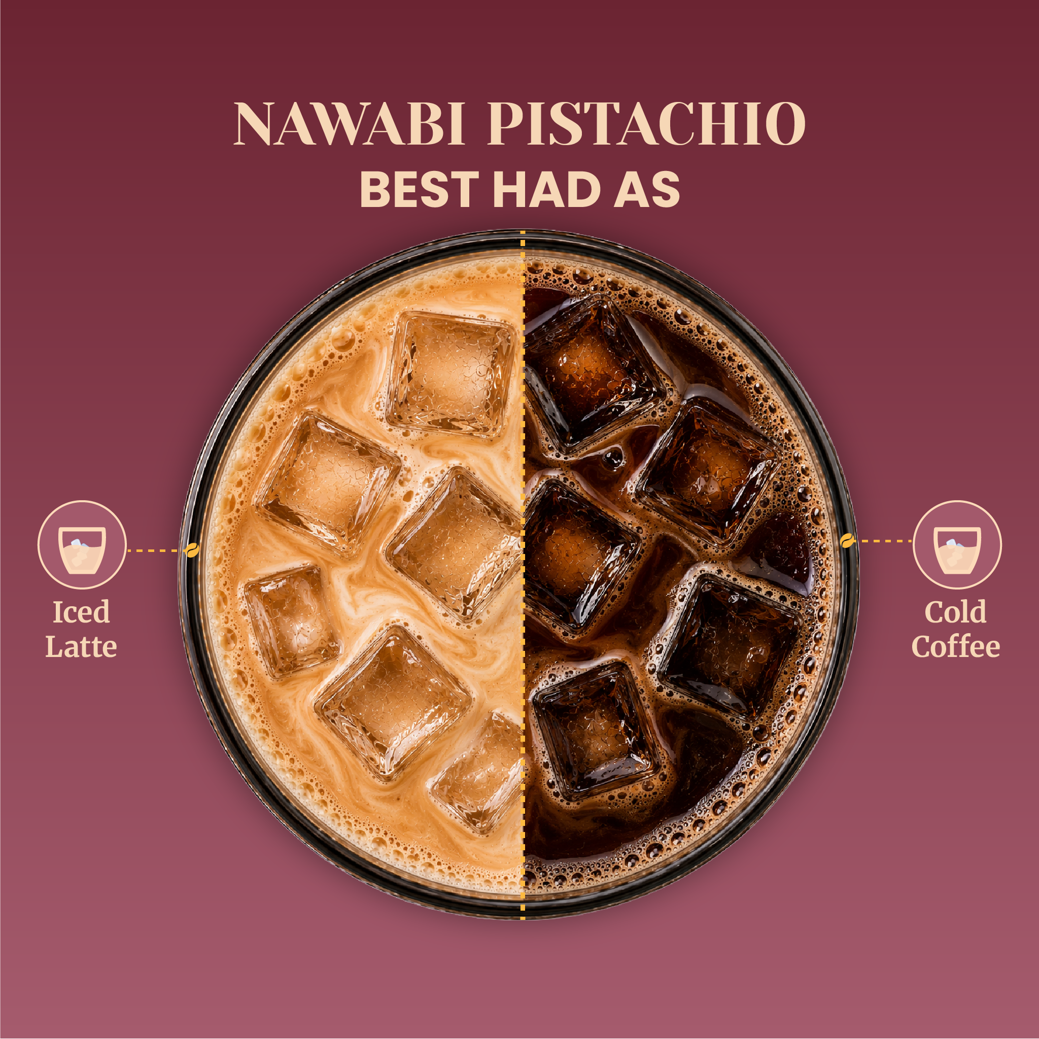 Top-down circular graphic displaying serving suggestions for Nawabi Pistachio coffee, illustrating a creamy iced latte with square ice cubes on the left and a rich black cold coffee on the right.