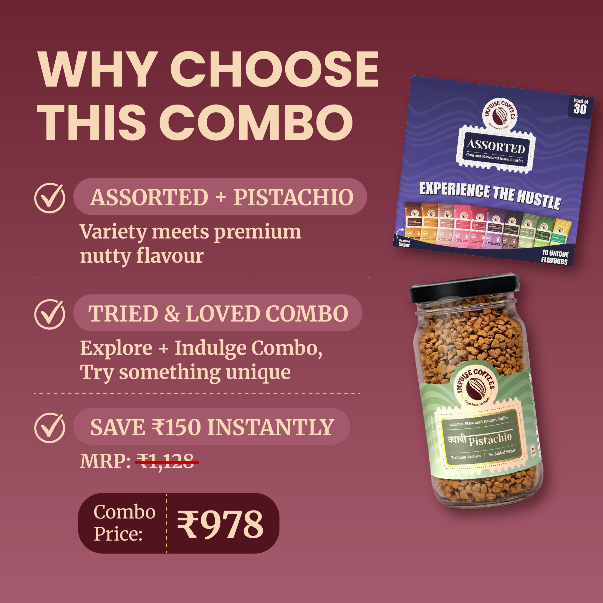Promotional e-commerce infographic detailing the Impulse Coffees Nawabi Brew Combo pack, showcasing a box of 30 assorted instant coffee sachets alongside a glass jar of Nawabi Pistachio flavor with bundle pricing