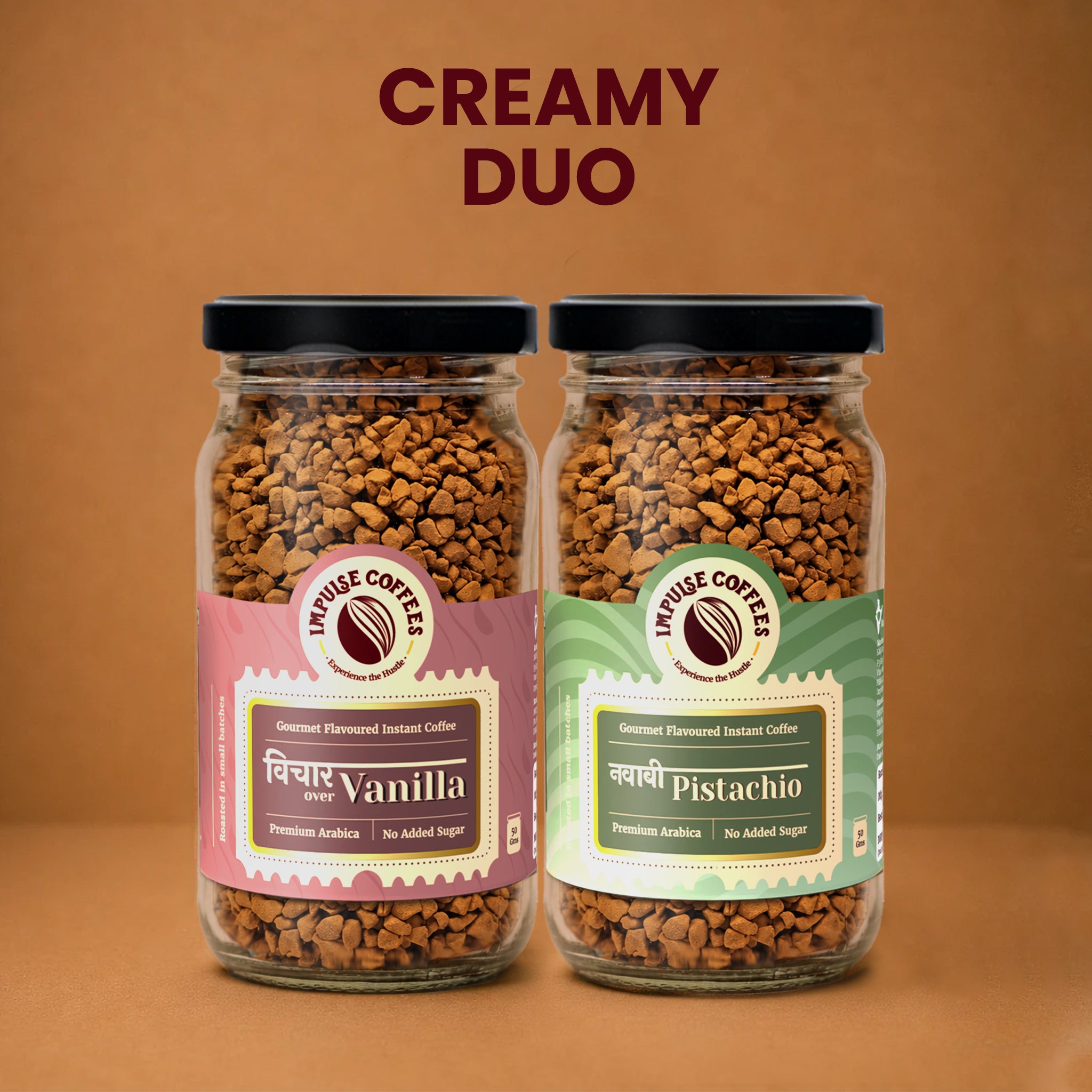 Two jars of Inpulse Coffee with Vanilla and Pistachio flavors on a brown background.