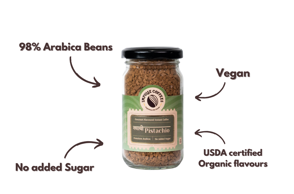 Jar of pistachio coffee by impulse coffees with certification labels on a white background