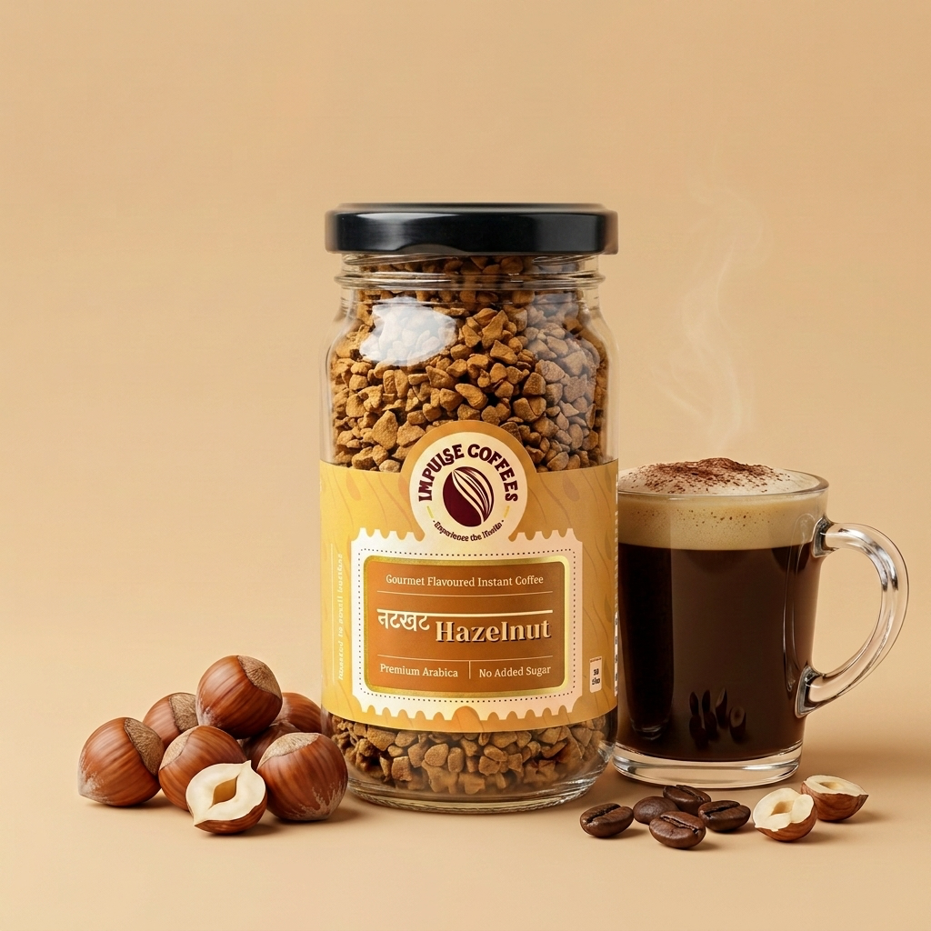 Impulse Coffees Nutkhat Hazelnut flavored instant coffee 50g jar on a warm tan backdrop, surrounded by floating whole hazelnuts, shelled hazelnut pieces, and roasted coffee beans.
