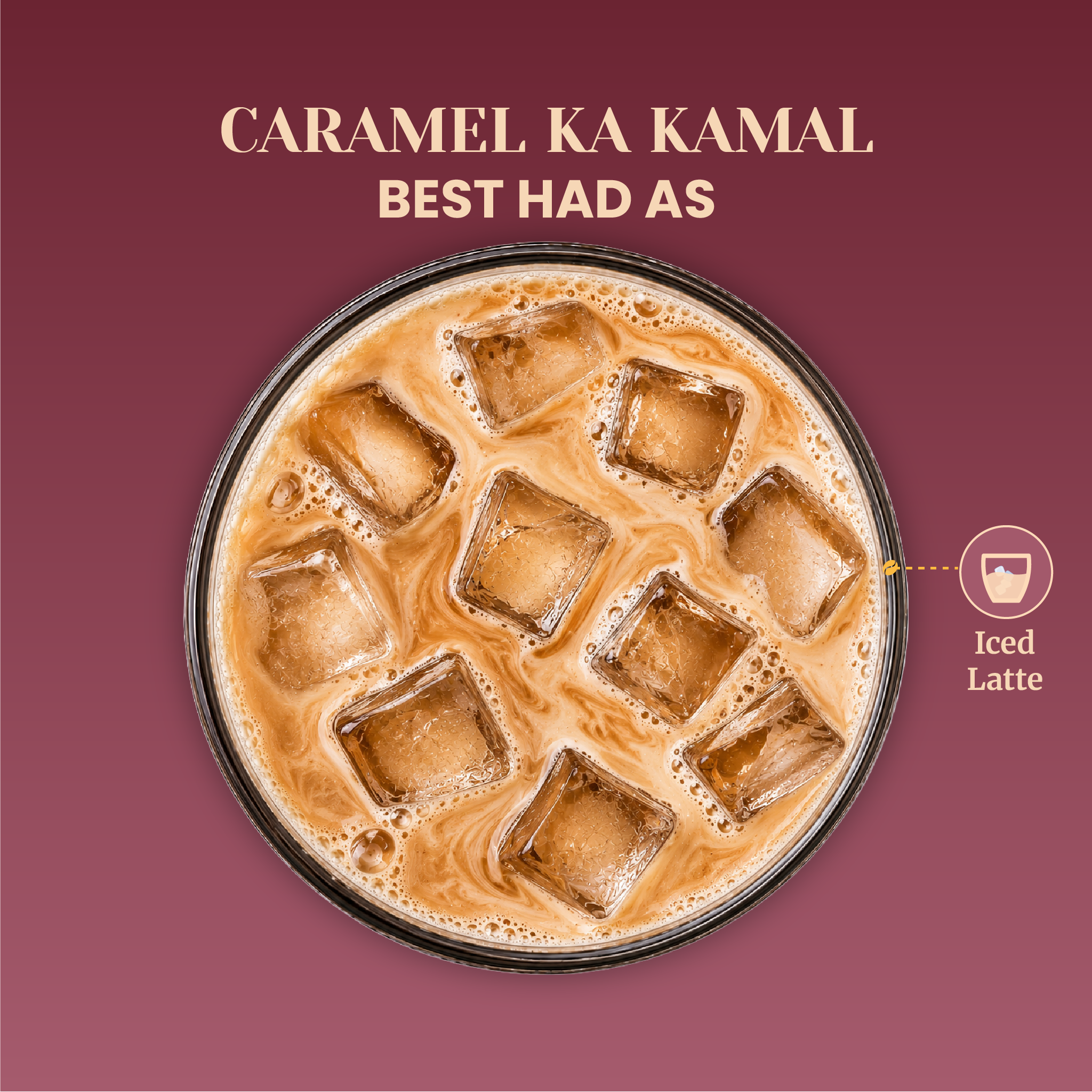 Iced latte with ice cubes on a red background and text 'Caramel Ka Kamal Best Had As'.
