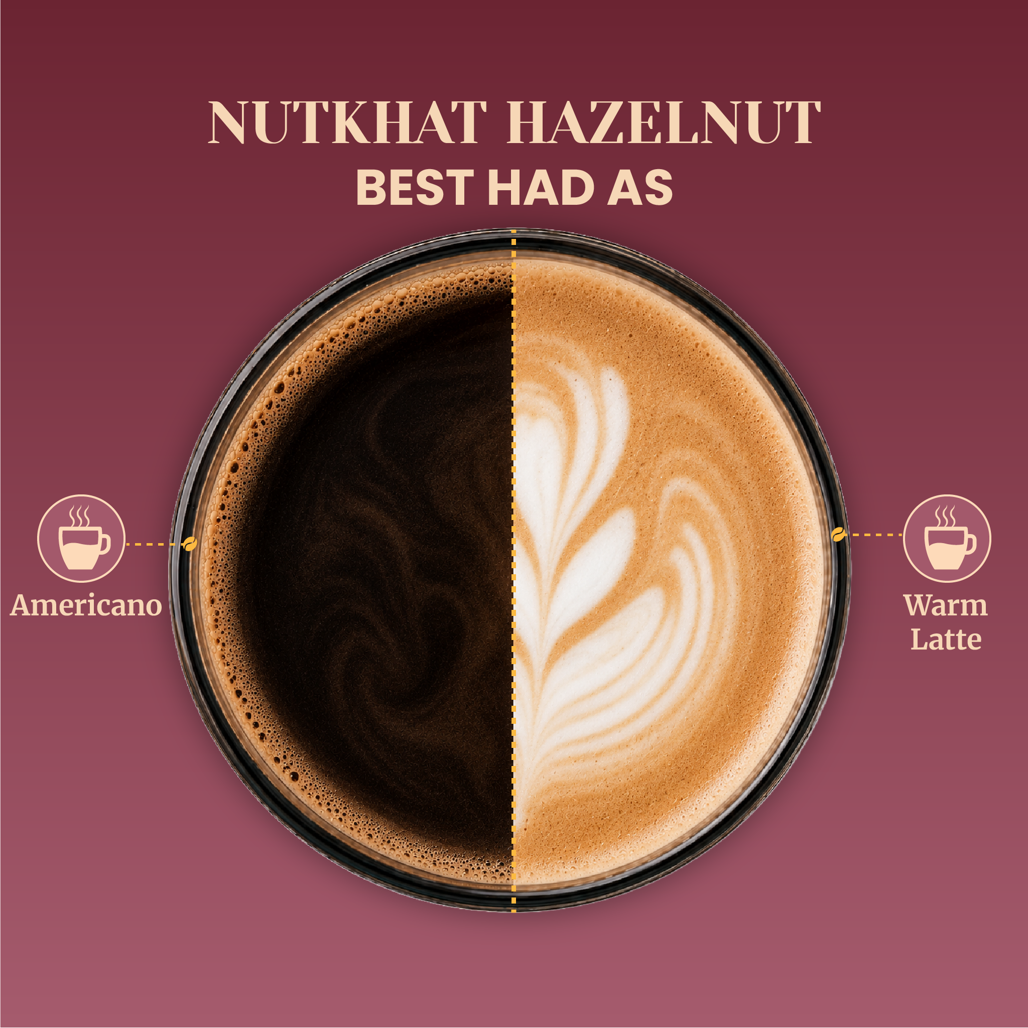 A split-screen circular graphic illustrating serving suggestions for Nutkhat Hazelnut coffee, showing a dark black Americano on the left and a frothy warm latte with milk art on the right.