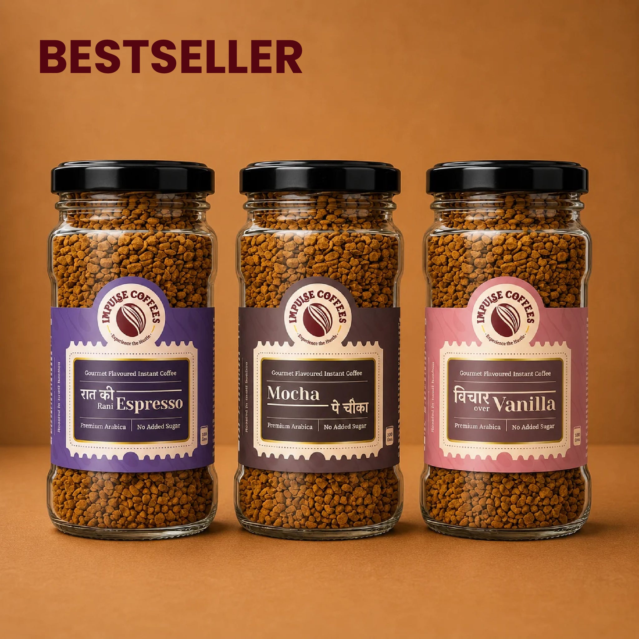 Impulse Coffees OG Bundle bestseller set featuring three glass jars of premium gourmet flavoured instant coffee standing side-by-side: Raat Ki Rani Espresso, Mocha Pe Chauka, and Vichar Over Vanilla.
