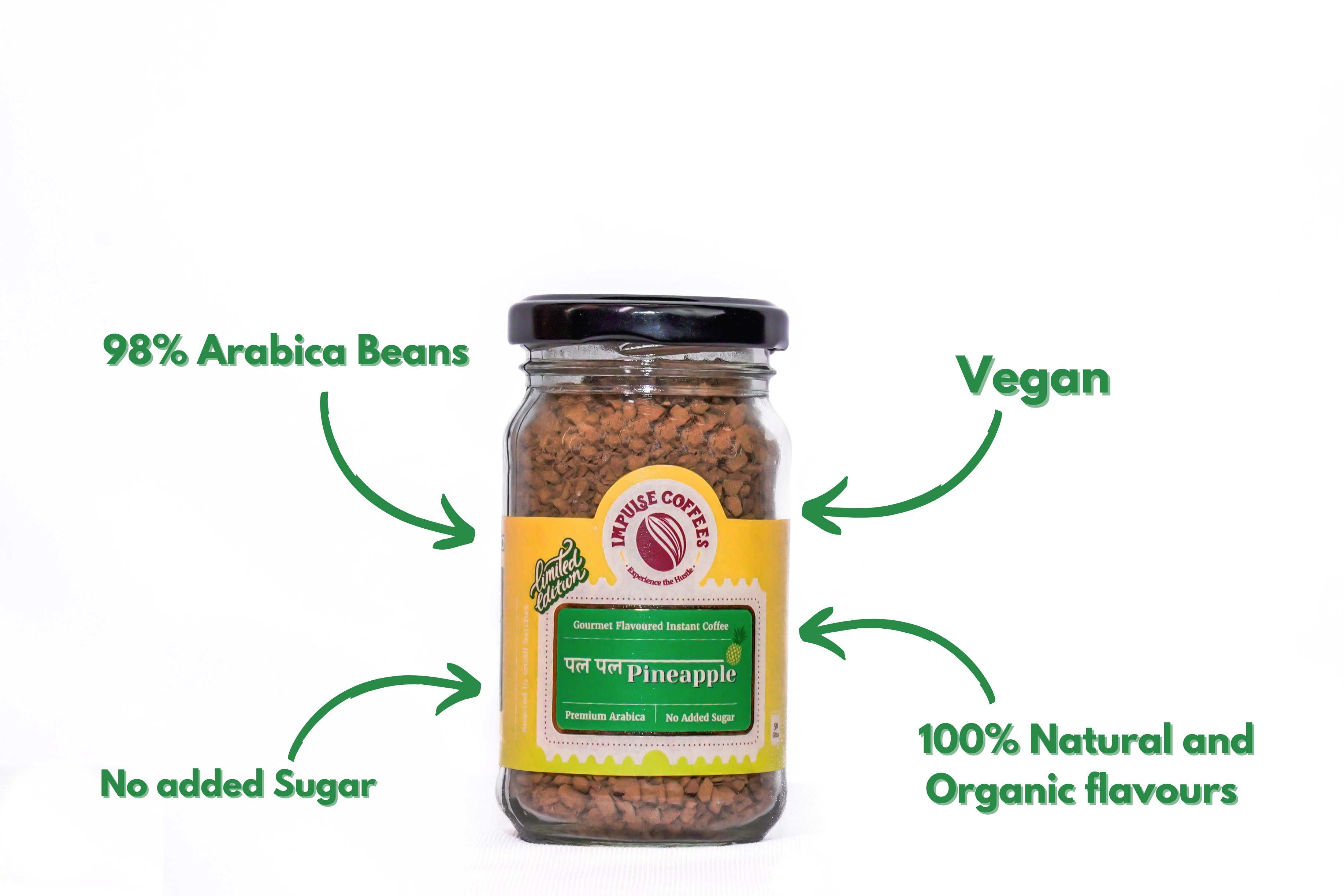 50gms of Pal Pal Pineapple Jar Coffee with branding and product features on a white background