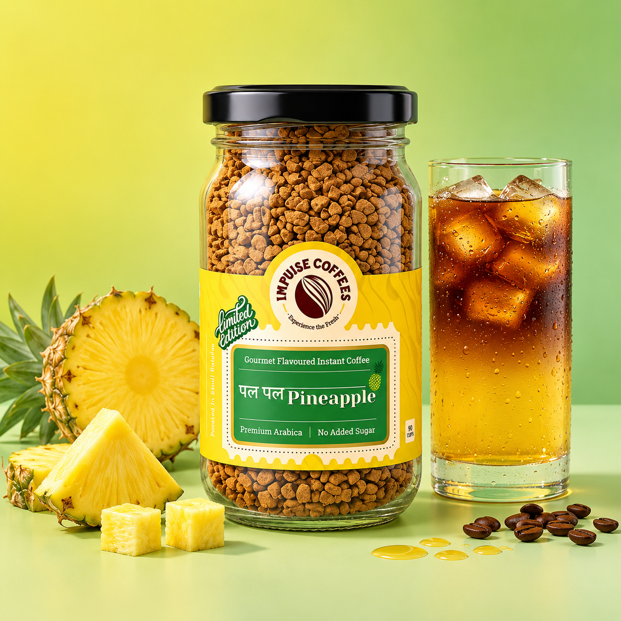 Impulse Coffees Pal Pal Pineapple flavored instant coffee 50g jar on a vibrant yellow studio backdrop, surrounded by floating fresh pineapple slices, chunks, and roasted coffee beans.