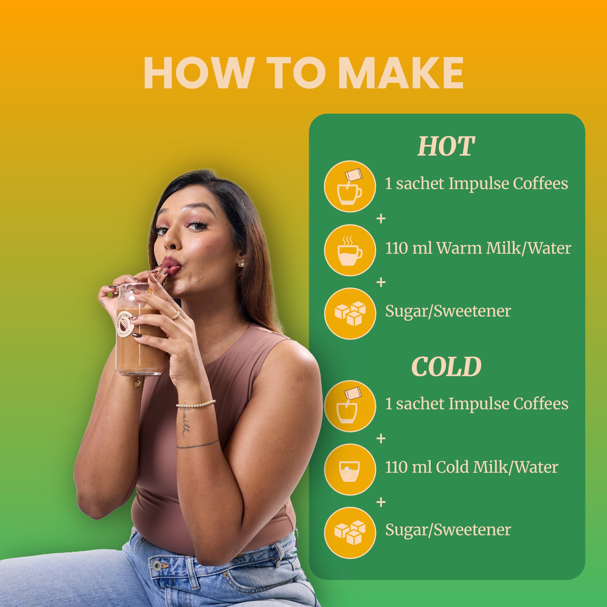 Sarah Sarosh, Founder and CEO of Impulse Coffees, holds a glass mug of black coffee next to a list of product benefits on a tropical green background. The clean ingredient claims include 100% pure Arabica coffee, no added sugar, USDA certified organic flavors, keto-friendly, vegan, made in India, no machine required, unique flavors, no chicory, and gluten-free.
