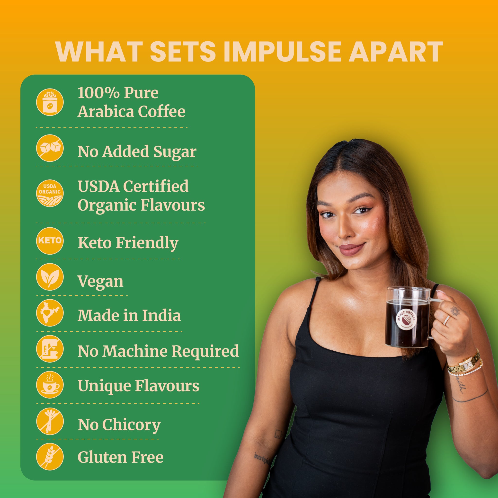 Step-by-step recipe tutorial infographic showing how to prepare hot or cold drinks. Sarah Sarosh, Founder of Impulse Coffees, sips a creamy iced beverage from a glass mason jar next to a recipe checklist for 1 sachet of Impulse Coffees, 110 ml of warm or cold milk or water, and sugar or sweetener to taste.