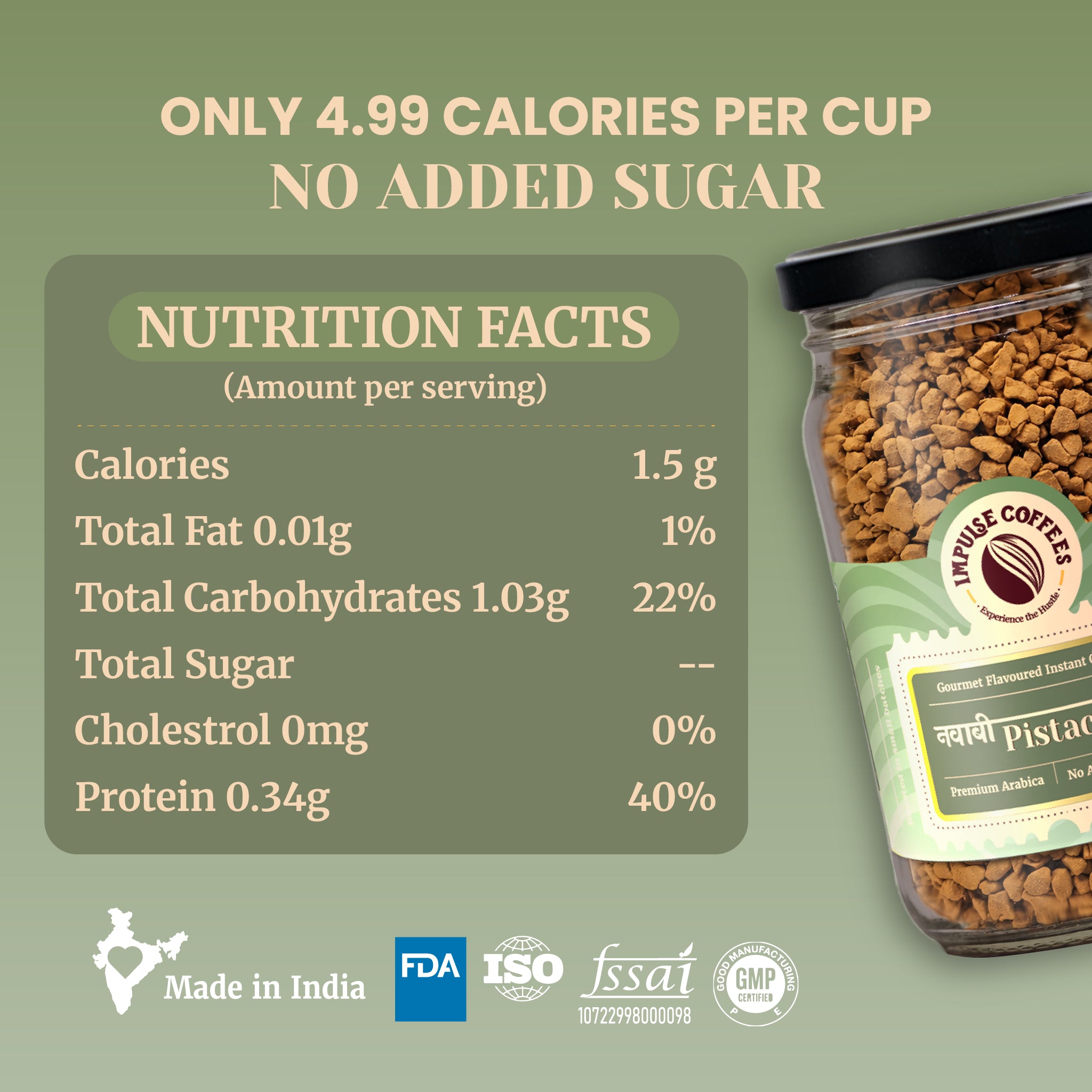 Nutritional information chart for Impulse Coffees Nawabi Pistachio instant coffee indicating 4.99 calories per cup and zero added sugar. The clear serving breakdown card lists 1.5g calories, 0.01g total fat, 1.03g total carbohydrates, 0mg cholesterol, and 0.34g protein next to a glass jar filled with freeze-dried coffee granules. Includes regulatory trust badges for Made in India, FDA, ISO, FSSAI, and GMP certification.