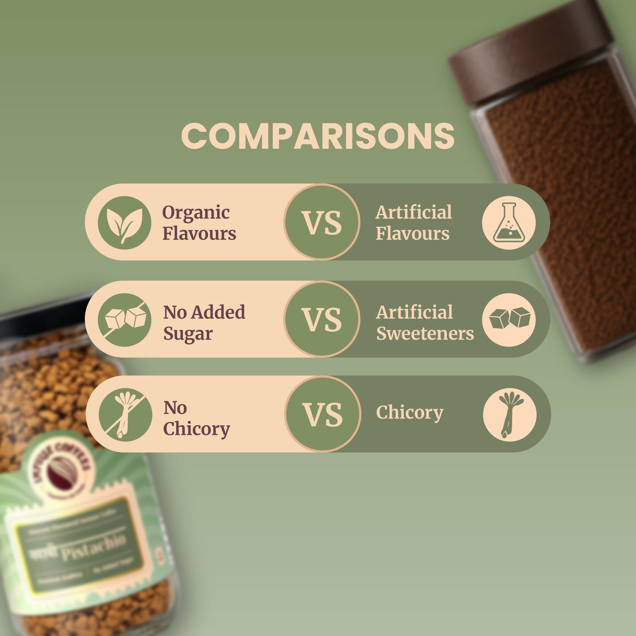 Competitive brand comparison chart infographic highlighting why Impulse Coffees Nawabi Pistachio stands out against regular instant coffee options. The dual-tone green layout contrasts the brand's premium value propositions: organic flavors vs artificial flavors, no added sugar vs artificial sweeteners, and pure coffee with no chicory fillers vs standard chicory.