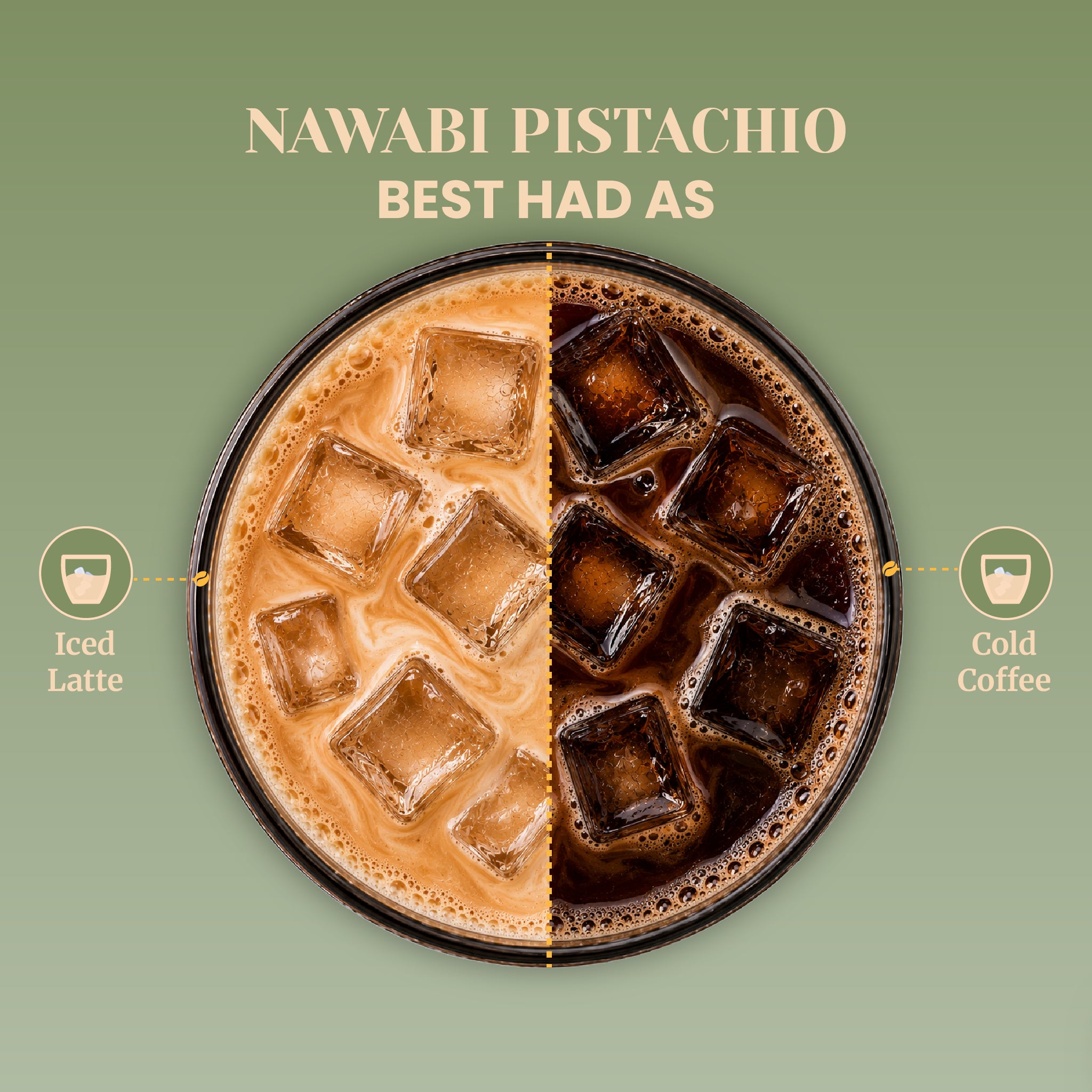 Top-down overhead view of a circular glass displaying the two best cold-serving styles for Nawabi Pistachio coffee over square ice cubes. The left side showcases a creamy, light brown Iced Latte blend, while the right side shows a bold, dark, and refreshing Cold Coffee brew.