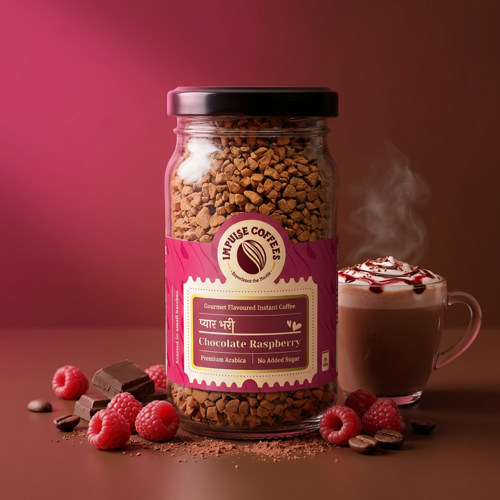 Impulse Coffees Pyaarbhari Chocolate Raspberry flavored instant coffee 50g jar on a deep magenta backdrop, surrounded by floating dark chocolate squares, fresh raspberries, and roasted coffee beans.