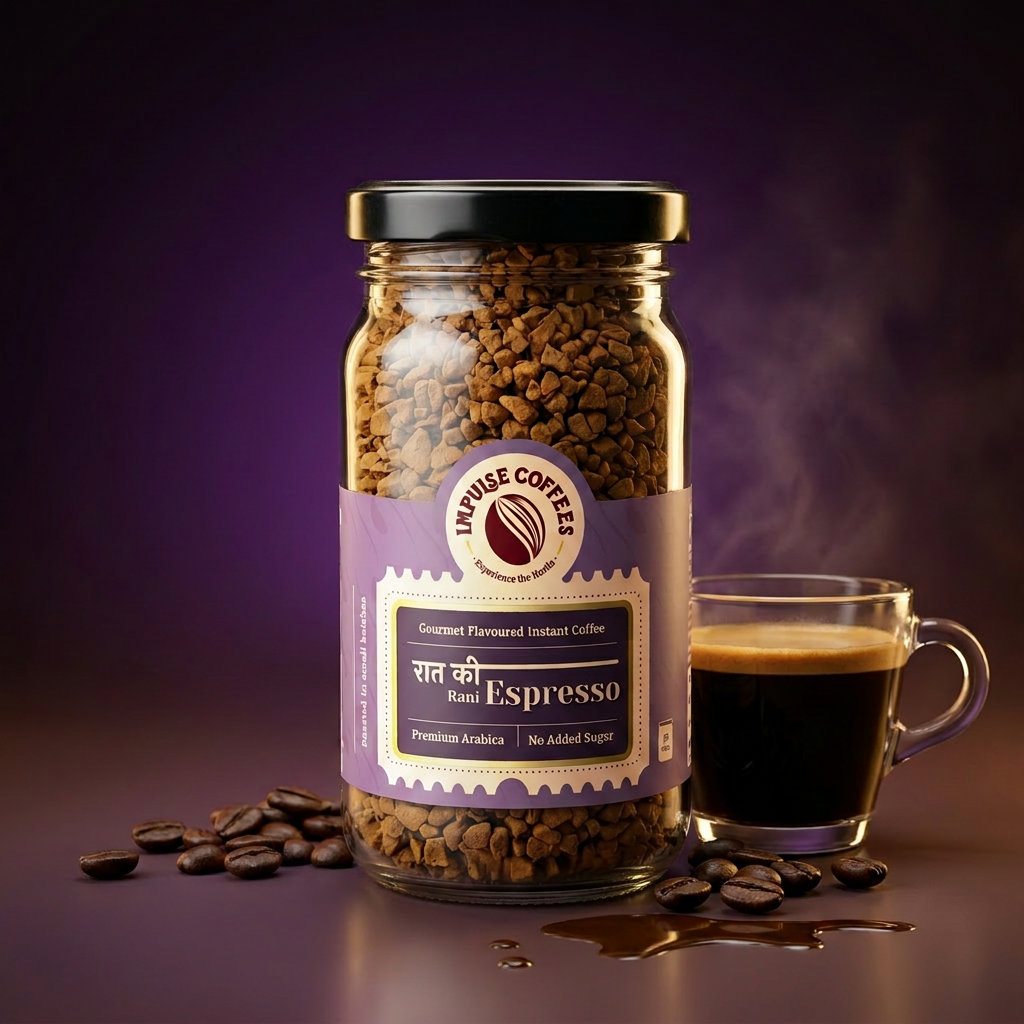 Impulse Coffees Raat Ki Rani Espresso instant coffee 50g jar on a sleek dark grey backdrop, surrounded by floating whole roasted coffee beans and sharp geometric design shards.