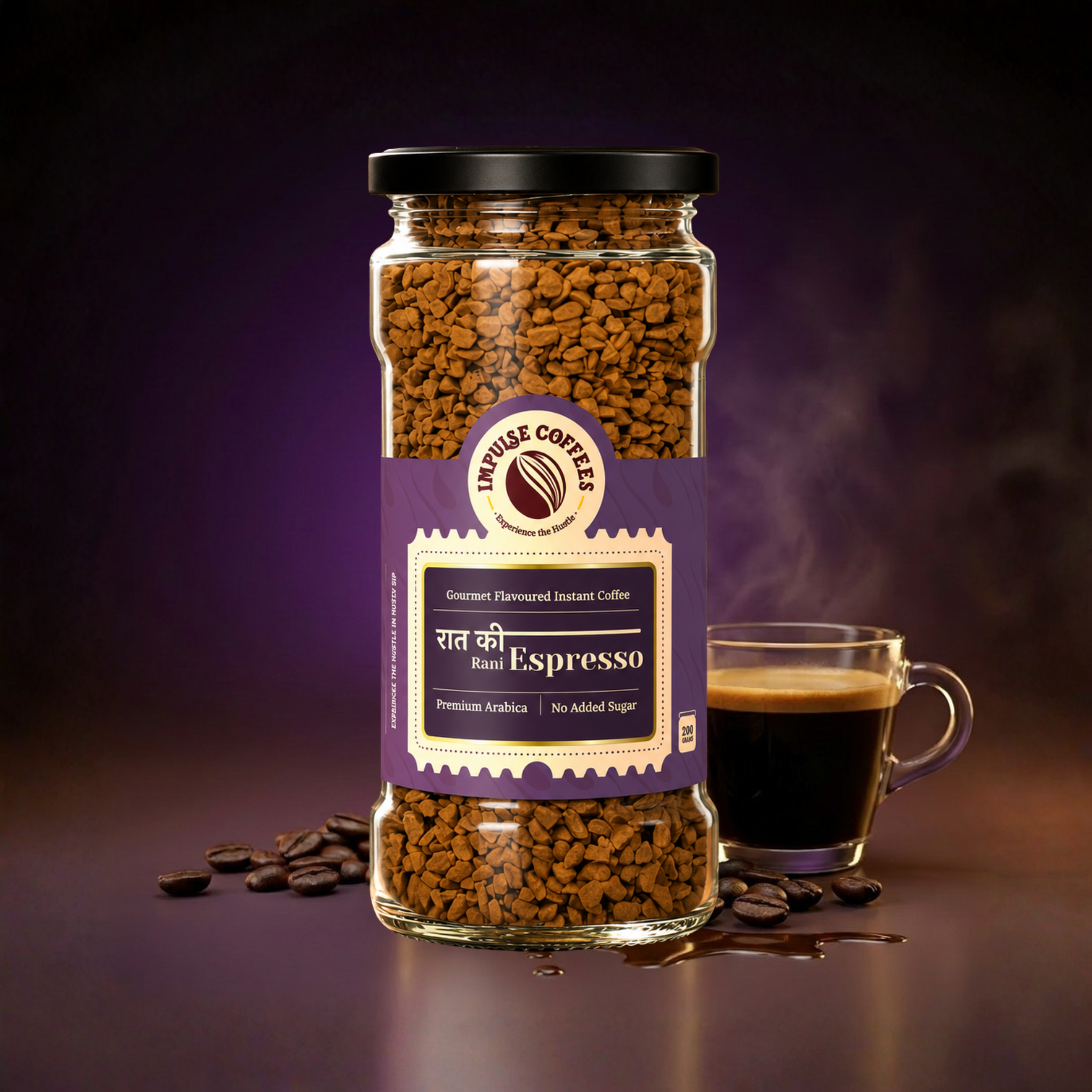 Impulse Coffees Raat Ki Rani Espresso instant coffee jar on a sleek dark charcoal studio backdrop, surrounded by floating whole roasted coffee beans and minimalist geometric accents.