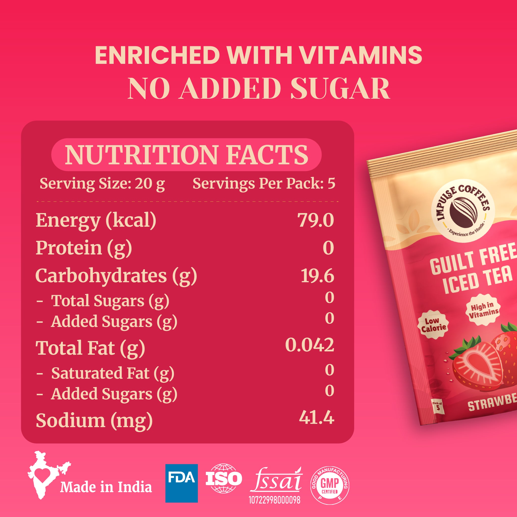 Nutrition facts label for Impulse Coffees Strawberry Iced Tea displaying 79 calories per serving and 0g added sugar alongside verified FDA, ISO, and FSSAI manufacturing certifications.