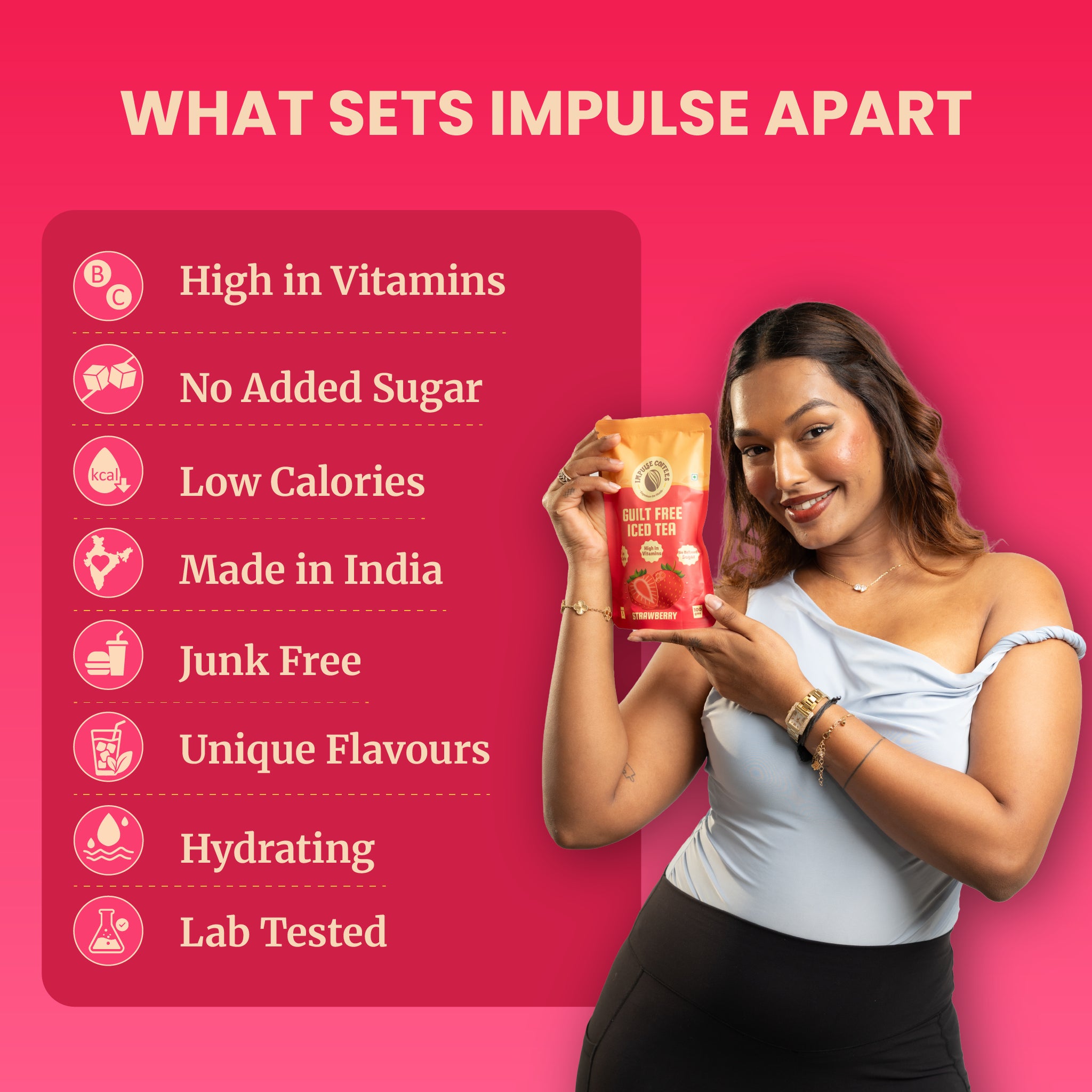 Impulse Coffees founder Sarah Sarosh holding a single-serve packet of Guilt Free Strawberry Iced Tea, highlighting health benefits like high vitamins, low calories, and no added sugar.