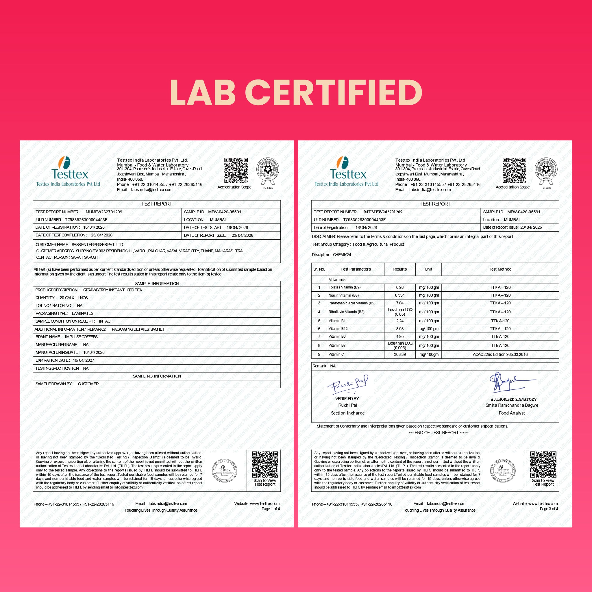 Professional lab certification report sheet from Testtex India Laboratories verifying the vitamin content and clean ingredient compliance for Impulse Coffees Strawberry Instant Iced Tea.