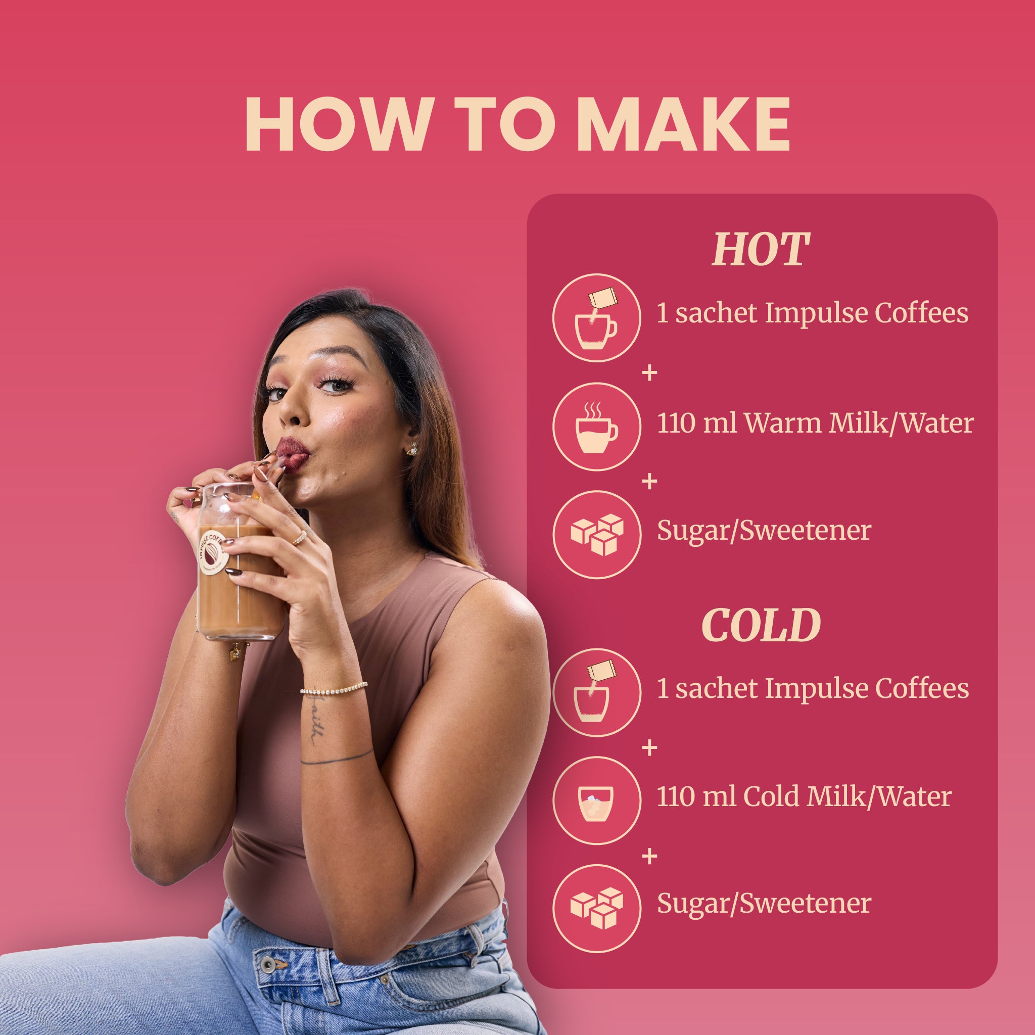 Step-by-step hot and cold drink recipe tutorial infographic layout on a solid magenta-pink background. Sarah Sarosh, Founder of Impulse Coffees, sips a creamy iced coffee blend through a glass straw next to a preparation instruction card using 1 sachet of Impulse Coffees, 110 ml of warm or cold milk or water, and optional sugar or sweetener to taste.