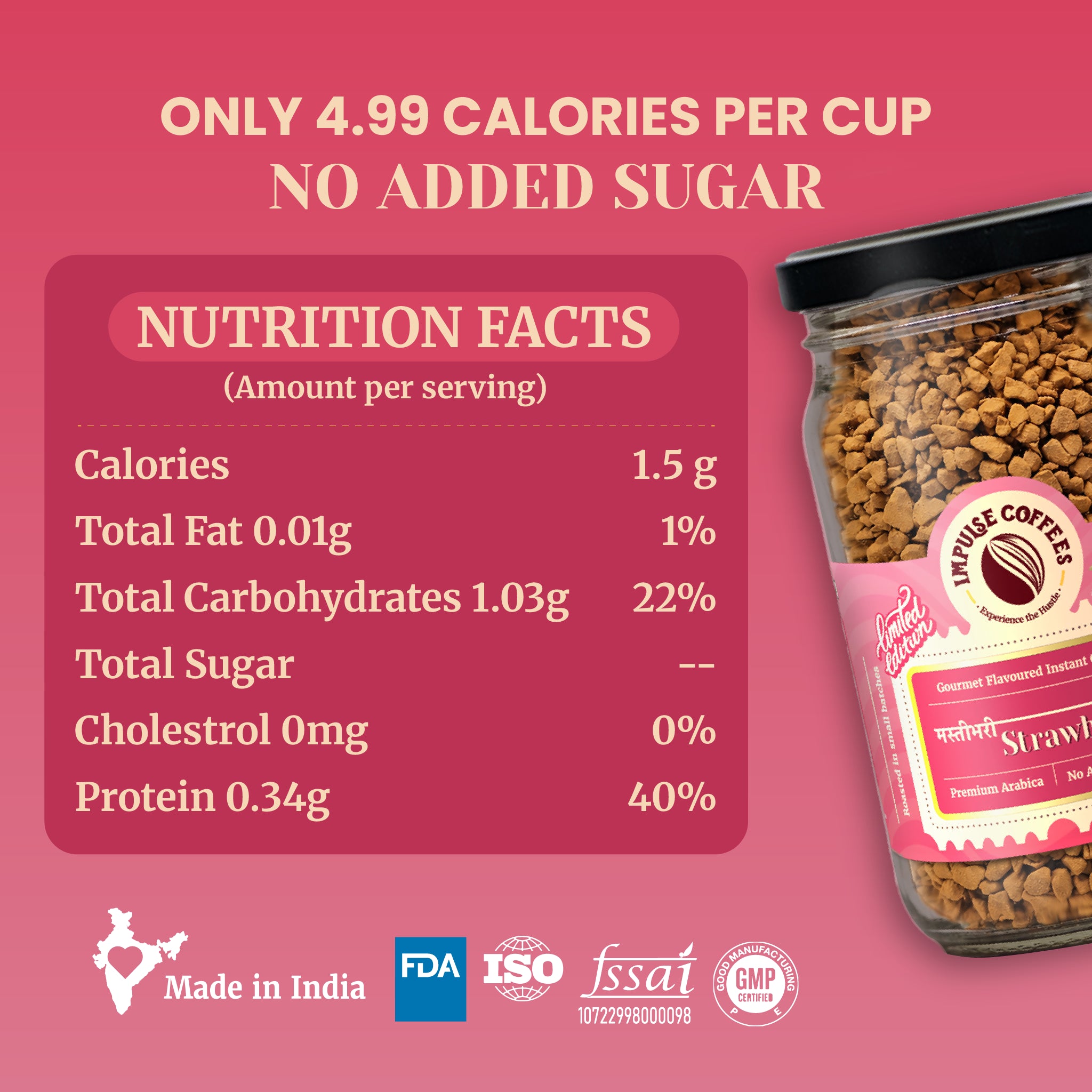 Nutritional information chart for Impulse Coffees Masti Bhari Strawberry instant coffee showing 4.99 calories per cup and zero added sugar. The serving breakdown card lists 1.5g calories, 0.01g total fat, 1.03g total carbohydrates, 0mg cholesterol, and 0.34g protein next to a glass jar filled with freeze-dried coffee granules featuring a pink limited-edition label. Includes regulatory trust badges for Made in India, FDA, ISO, FSSAI, and GMP certification.