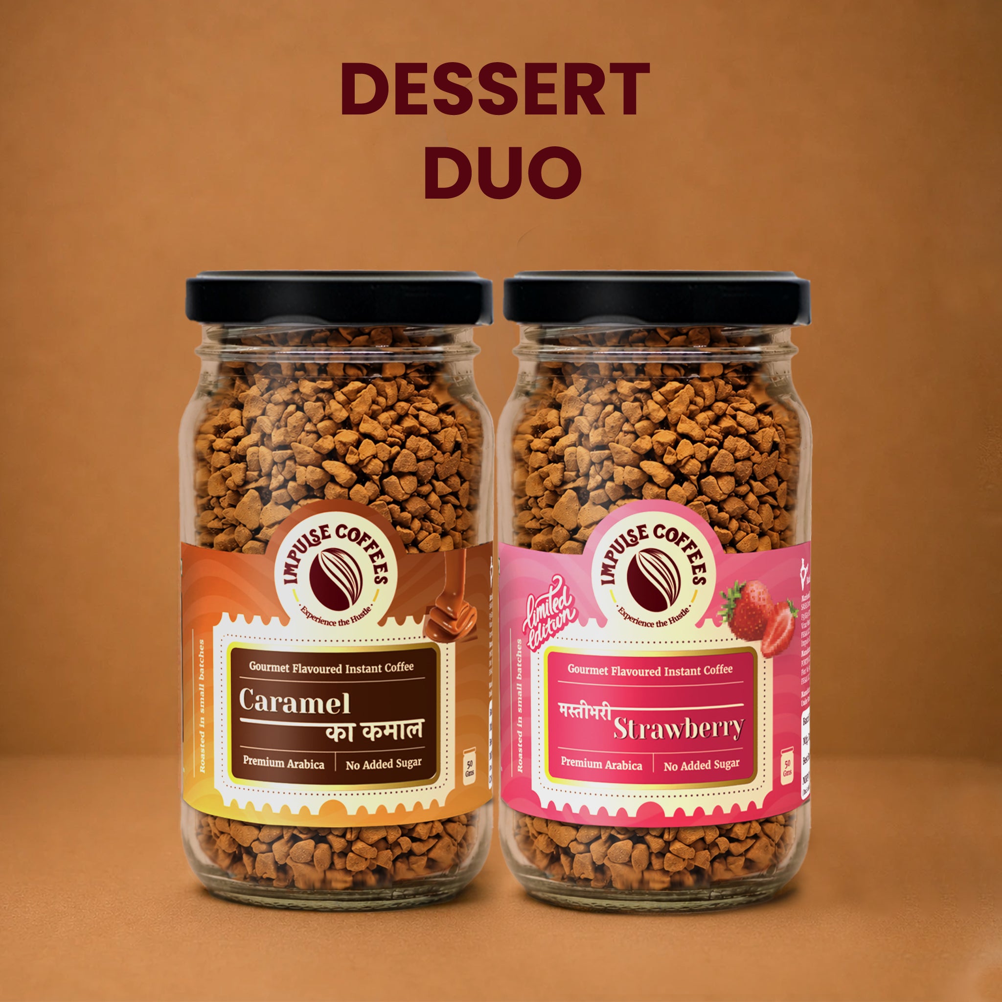 Impulse Coffees Sweet Tooth Combo product bundle featuring a twin set of glass jars standing side-by-side on a warm brown background: Caramel Ka Kamal and Mocha Pe Chauka gourmet flavoured instant coffee.